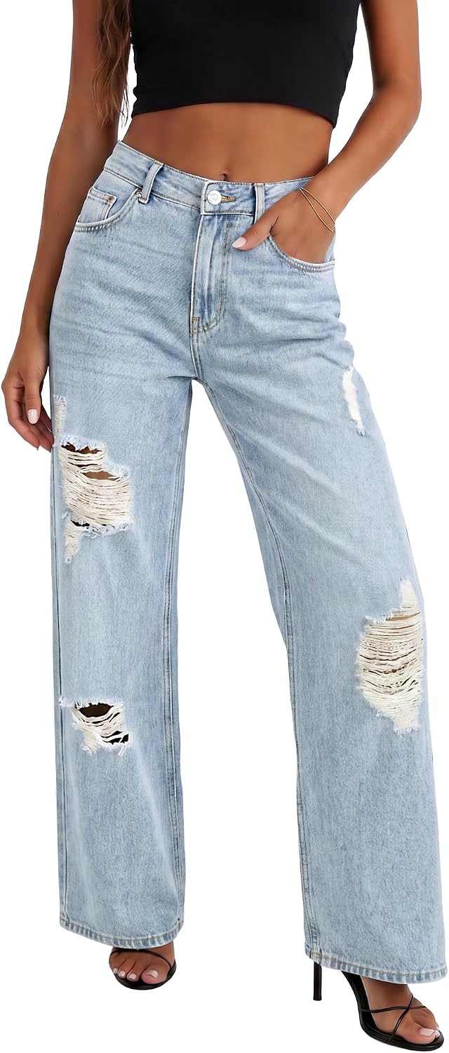 HDLTE Straight Leg Jeans for Women, High Waisted Wide Leg Jeans Loose Stretchy Denim Pants Trousers Trendy with Pockets