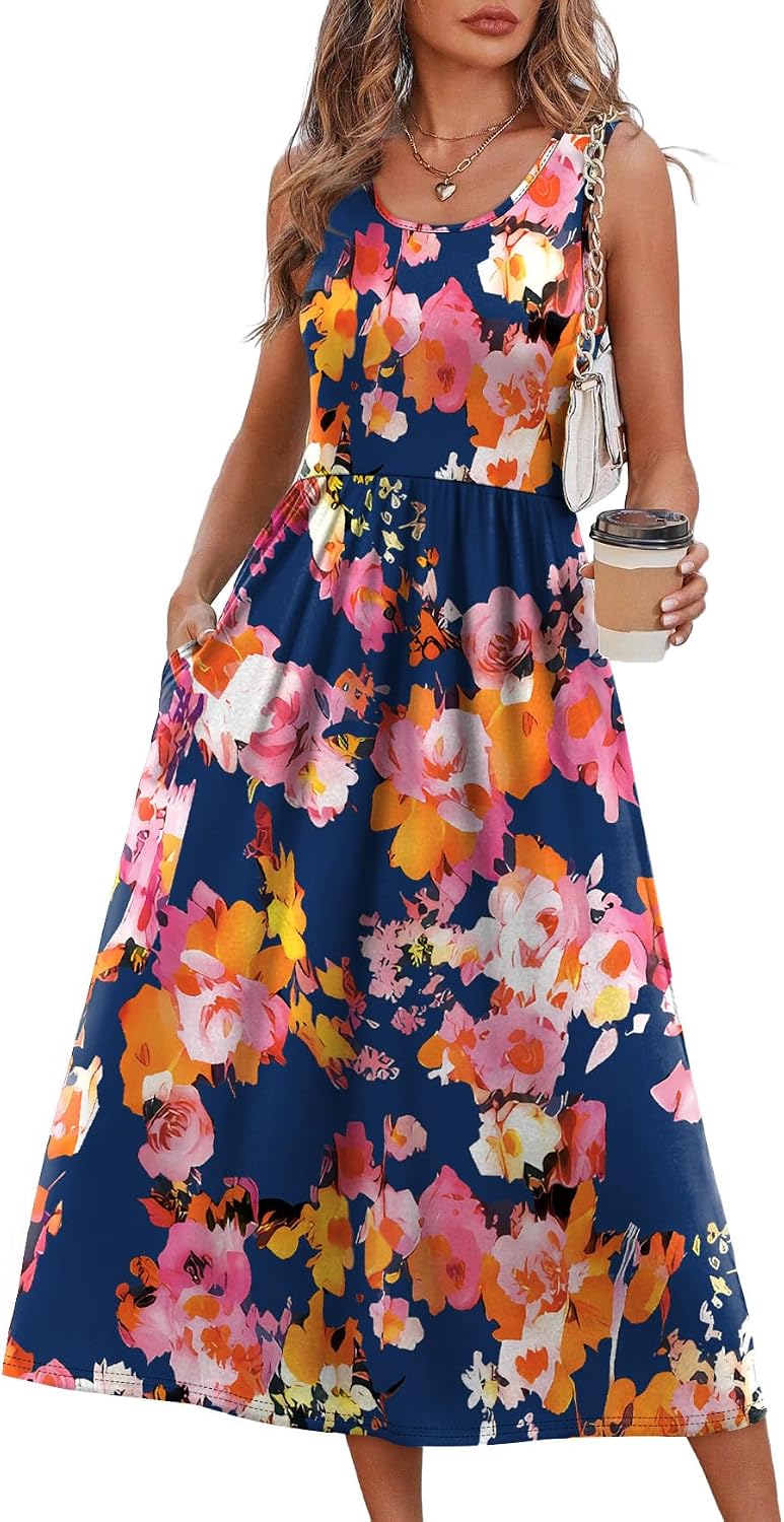 WIHOLL Summer Dresses for Women Flowy Casual Midi Dress Beach Vacation Sundresses with Pockets
