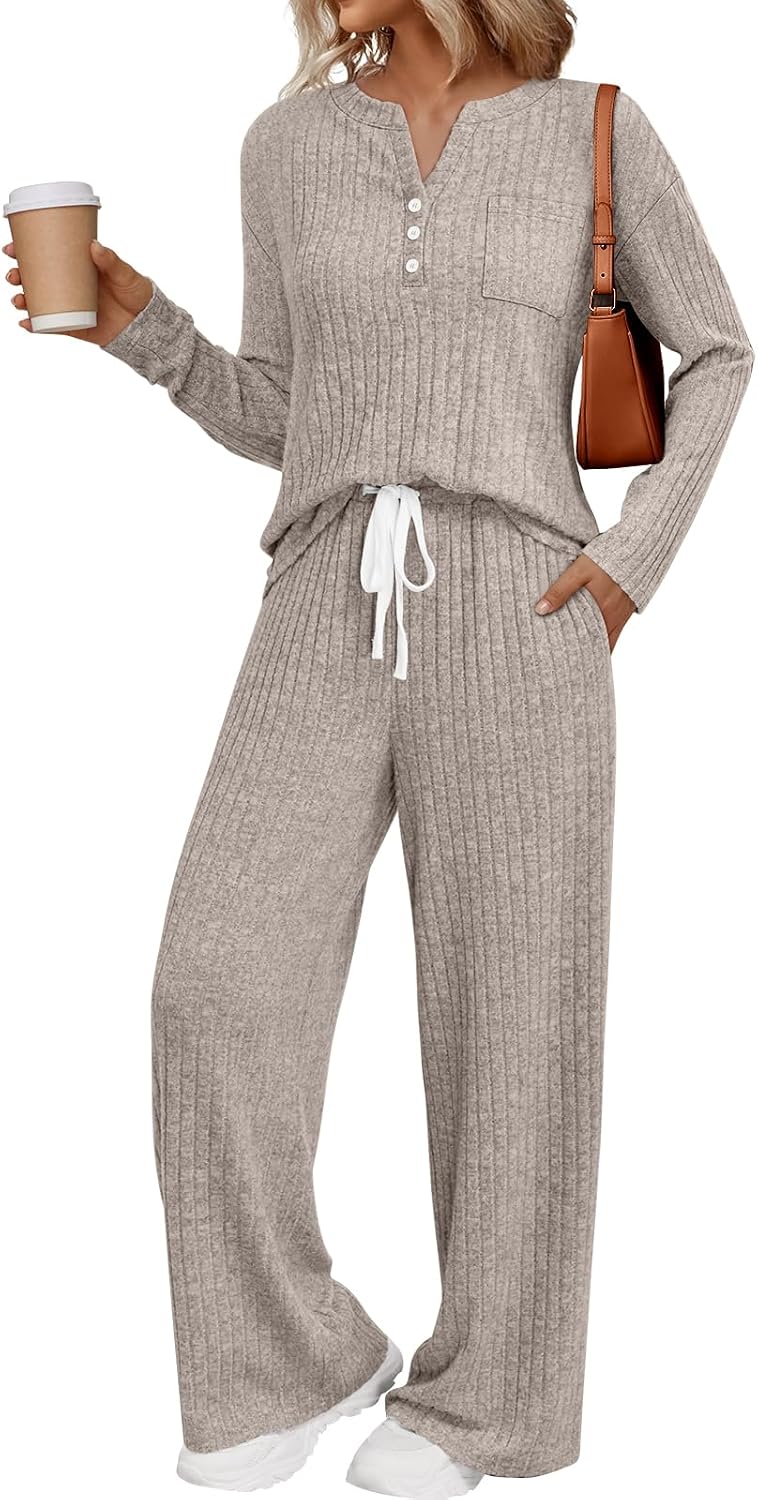 LILLUSORY Women’s 2 Piece Lounge Sets 2026 Henley Top & Drawstring Wide Leg Pants with Pockets