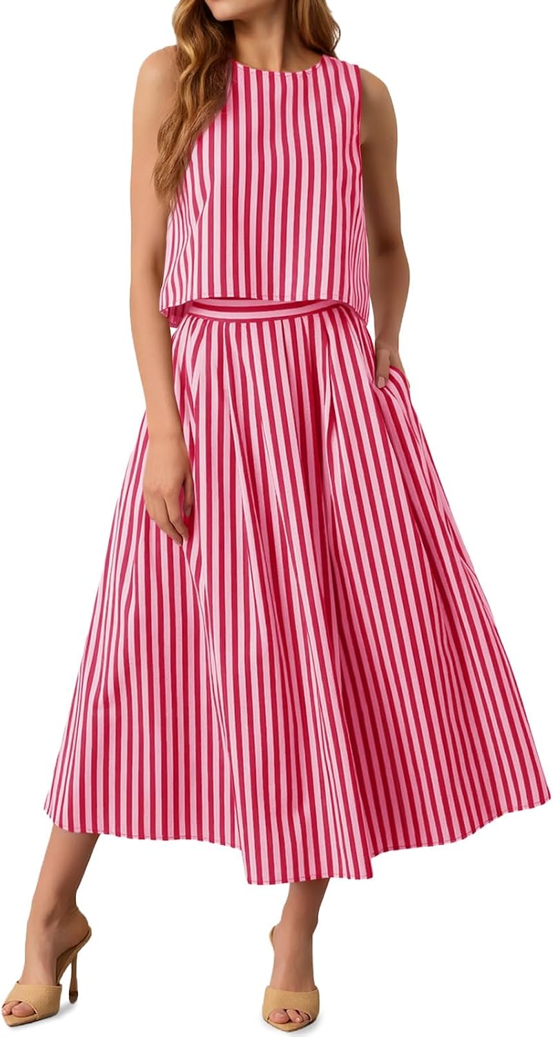 Tankaneo Womens 2 Piece Skirt Sets Summer Striped Sleeveless Tank Tops Midi Dress Travel Vacation Outfits Matching Sets