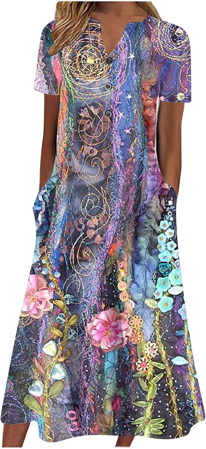Akivide Women’s Summer Short Sleeve Boho Floral Maxi Dresses Casual Loose Beach Dress with Pockets