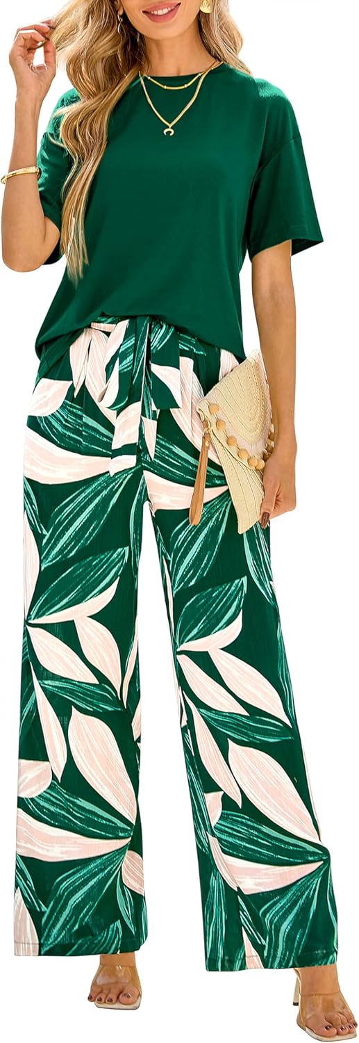 PRETTYGARDEN Women Summer 2 Piece Outfits 2026 Short Sleeve Knit Top Floral Print Belted Wide Leg Pant Sets With Pockets