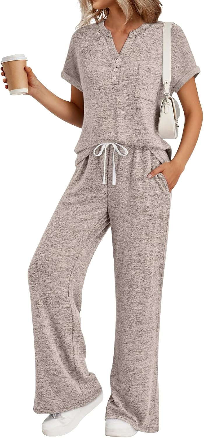 Trendy Queen 2 Piece Lounge Sets for Women Summer 2026 Henley Sweatsuit Travel Vacation Airport Outfits Pajamas Sets