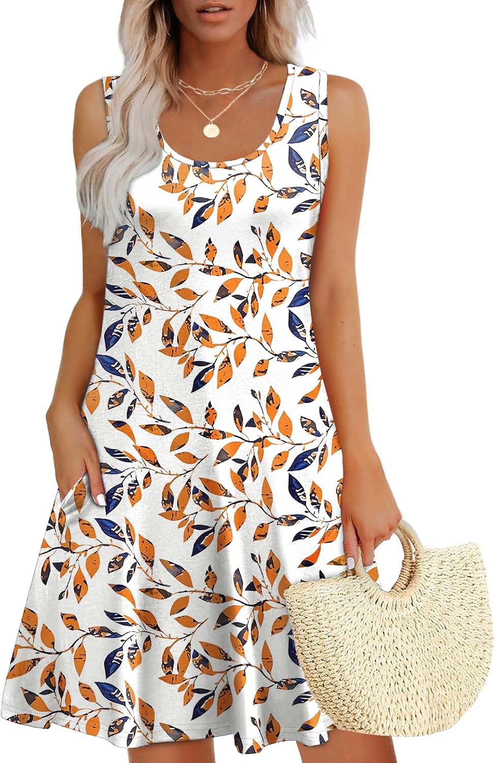 WEESO Womens Summer Dresses Loose U Neck Sleeveless Sundresses Dress with Pockets
