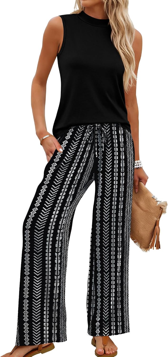 WIHOLL Two Piece Set for Women Summer Spring Outfits Cruise Travel Airport Beach Vacation Mock Neck Wide Leg Pants Set