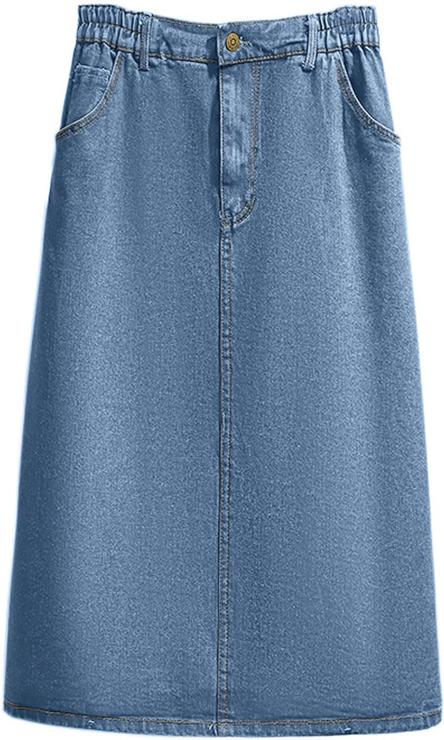 CHARTOU Women’s Summer Casual Elastic Waist Pockets Work Midi Denim A Line Skirt