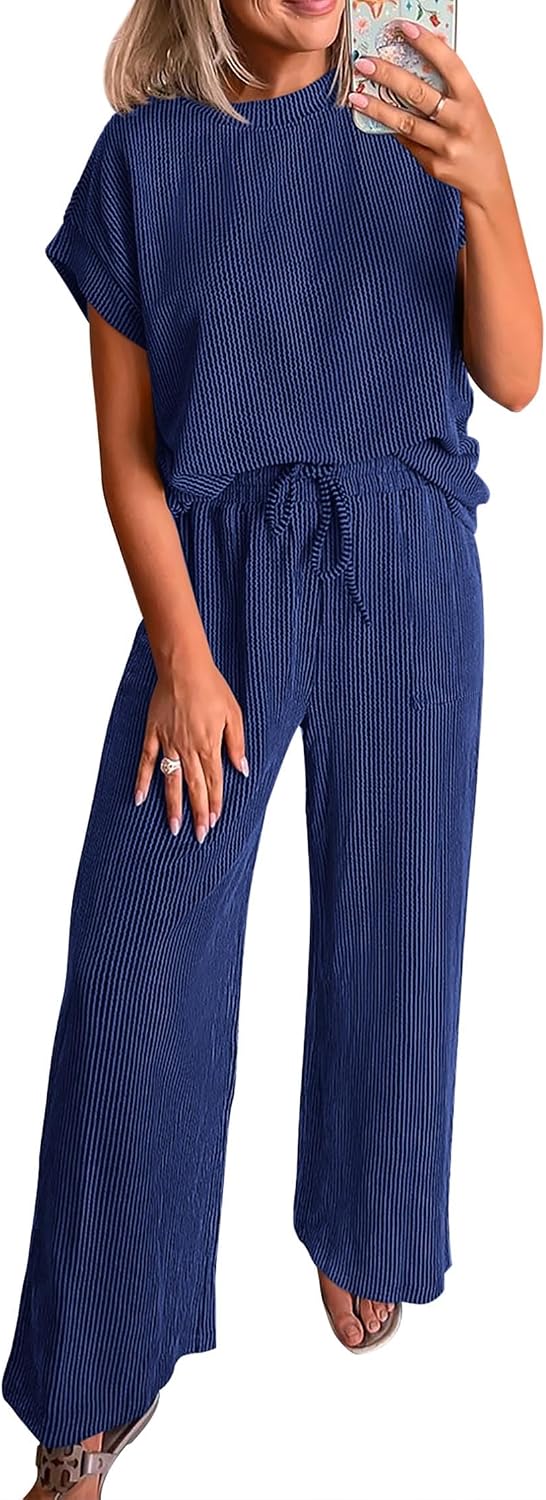 KIRUNDO 2 Piece Sets for Women Dressy Casual Ribbed Knit Short Sleeve Tops Wide Leg Pants Lounge Set Travel Airport Outfits