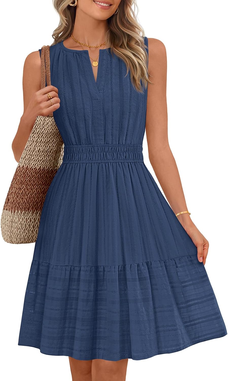 MEROKEETY Women’s 2026 Summer Casual Mini Sundress Beach Vacation Sleeveless V Neck Flowy A Line Dress with Pockets