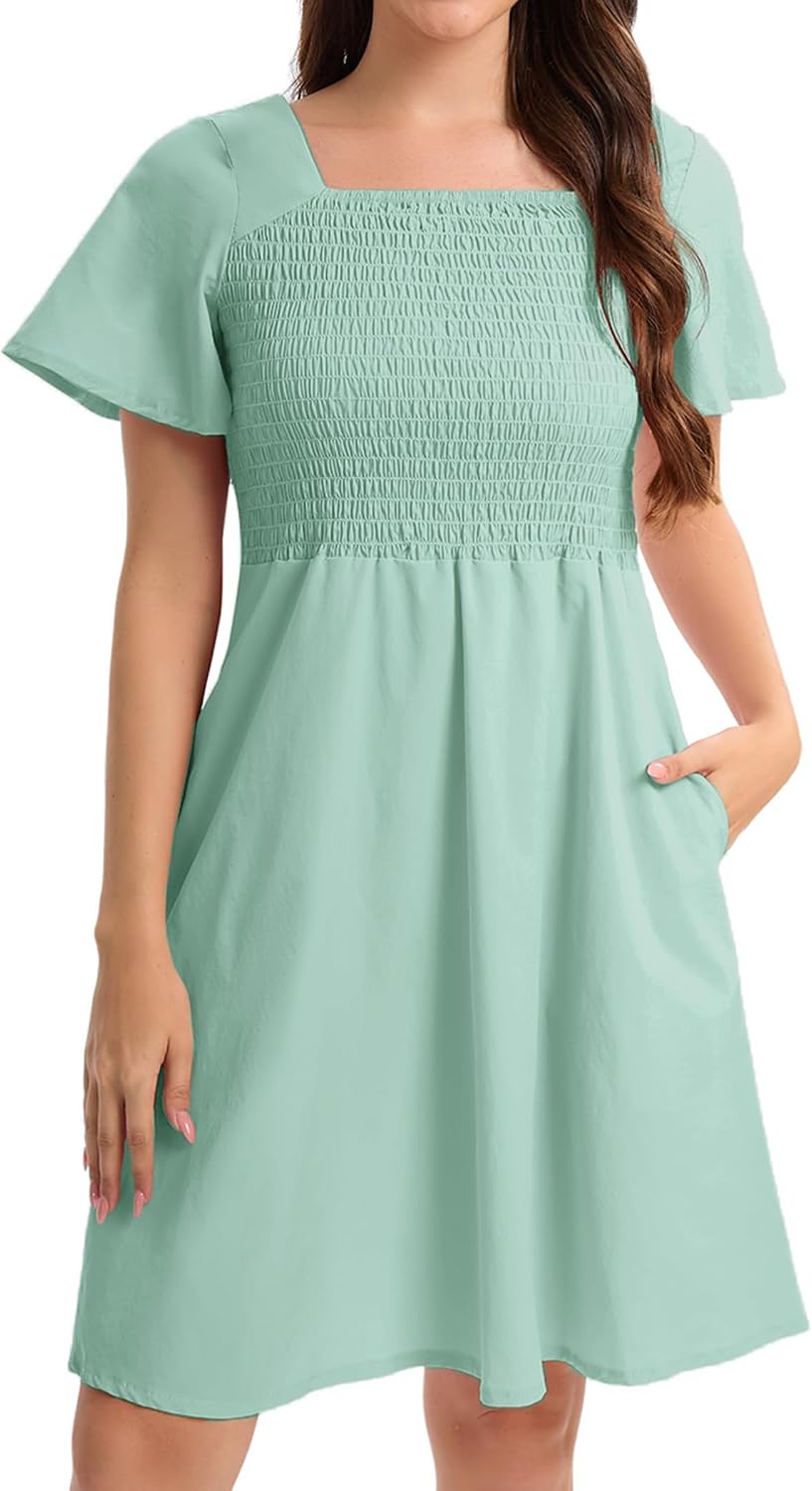 Summer Dress for Women 2025:Casual Short Sleeve Square Neck Boho Dresses with Pockets Smocked Ruffle Beach Sundress