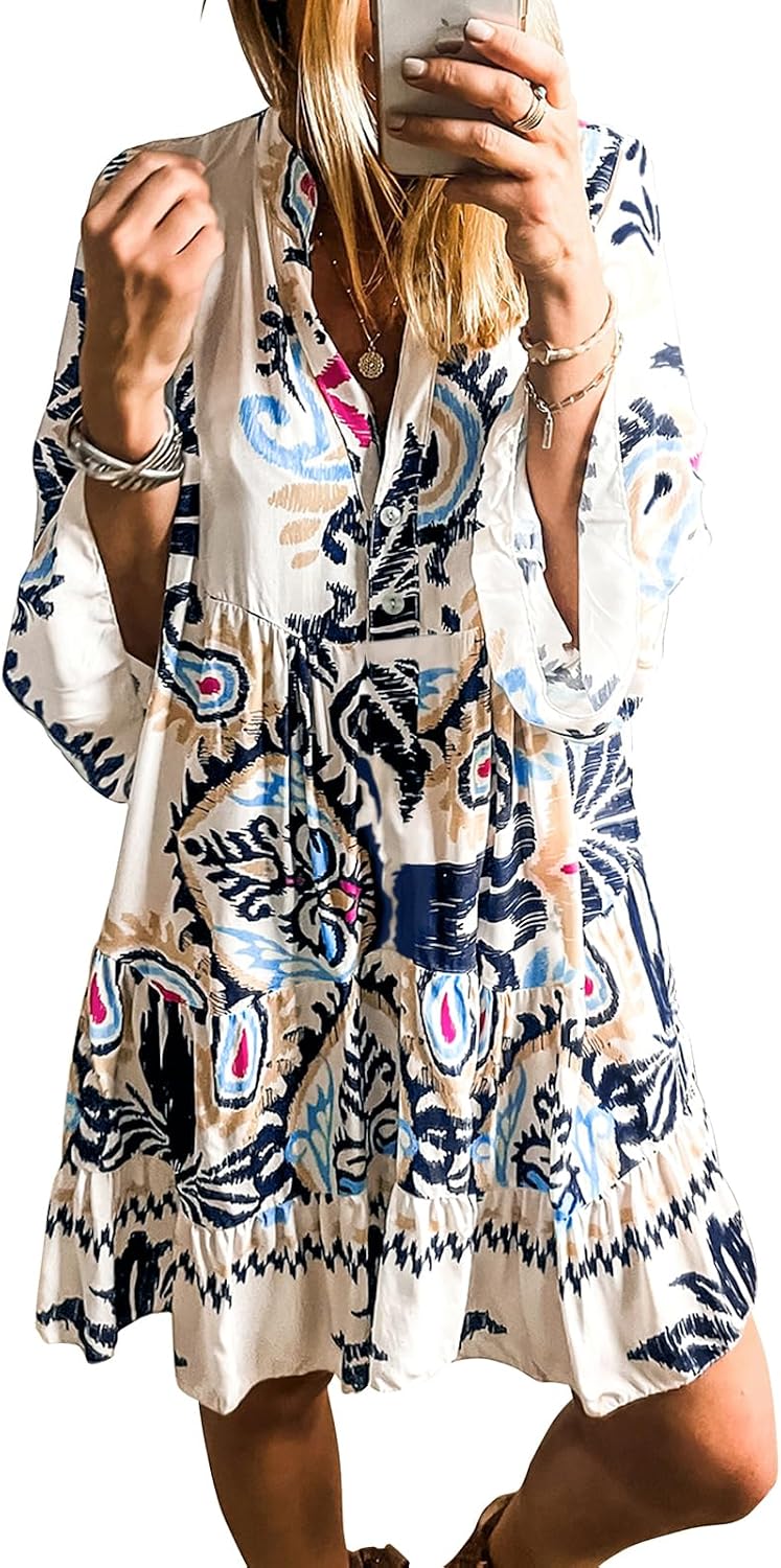 miduo Womens Summer Dress Casual V Neck Buttoned 3/4 Sleeve Bohemian Tribal Print Flowy Mini Dresses