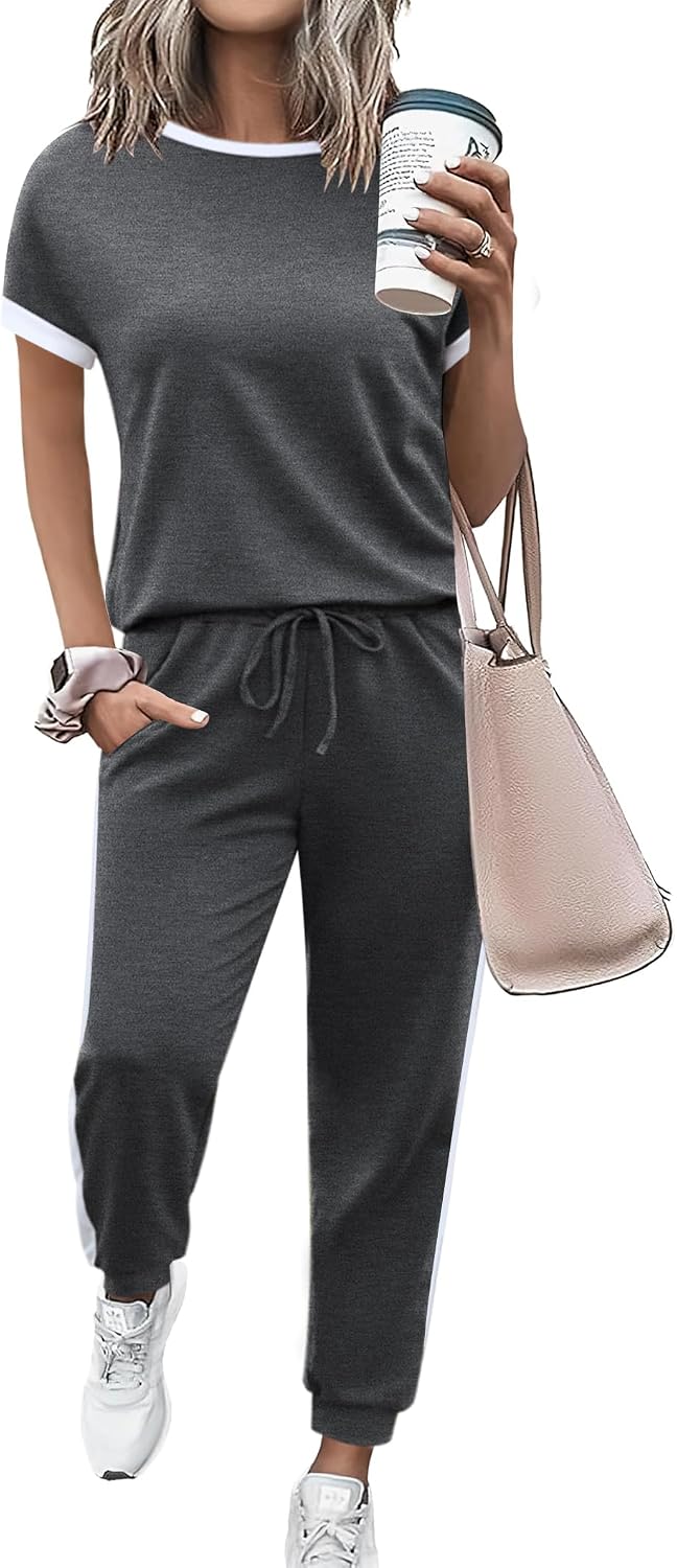 Marvmys Women’s 2 Piece Outfits 2026 Summer Short Sleeve Color Block Tracksuit Sets Jogger Lounge Set for Travel