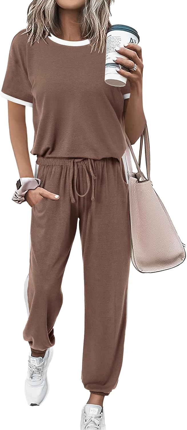 MASCOMODA Womens 2 Piece Outfits 2026 Summer Tracksuit Sets Short Sleeve Tops Travel Long Pants Jogger Lounge Set