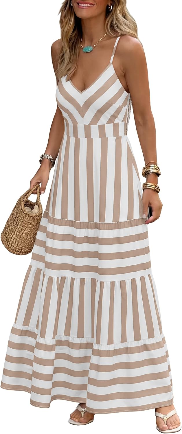 Caracilia Women’s Gingham Striped Smocked Maxi Dress | Spaghetti Strap,Pockets,V Neck A-Line ,Checkered Plaid, Boho Casual,Beach Vacation Resort Cruise Outfits,Summer Fall Clothes