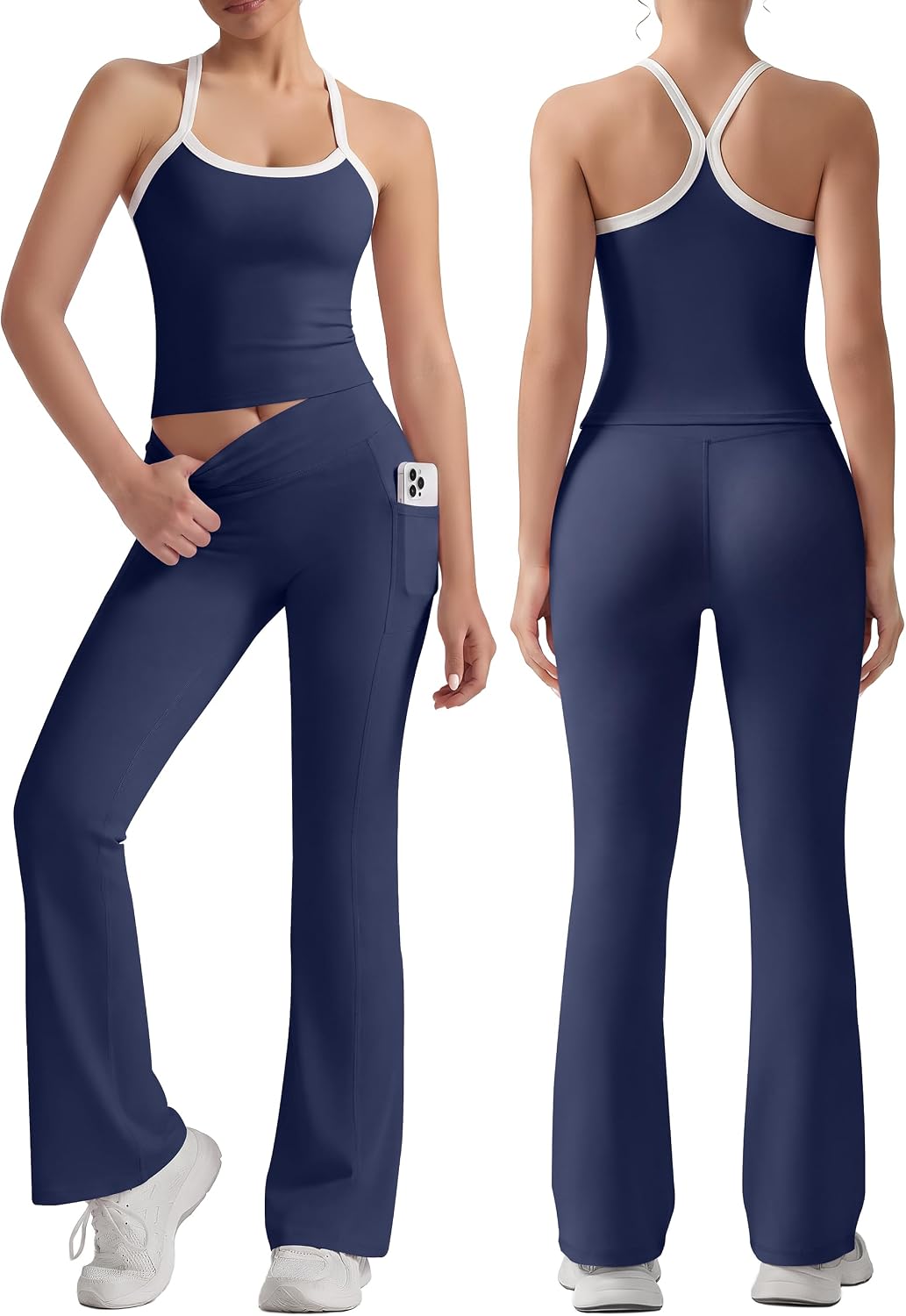 VVX Women 2 Piece Workout Sets High Waisted Flare Leggings with Pockets Matching Cross Back Tank Top with Contrast Trim
