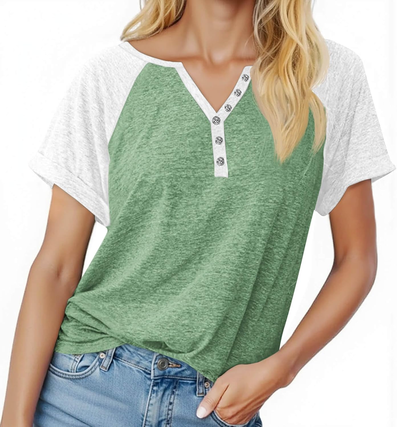 MaQiYa Womens Short Sleeve Summer Tops Henley V Neck T Shirts Casual Color Block Raglan Shirts Cotton Baseball Tunic Tees