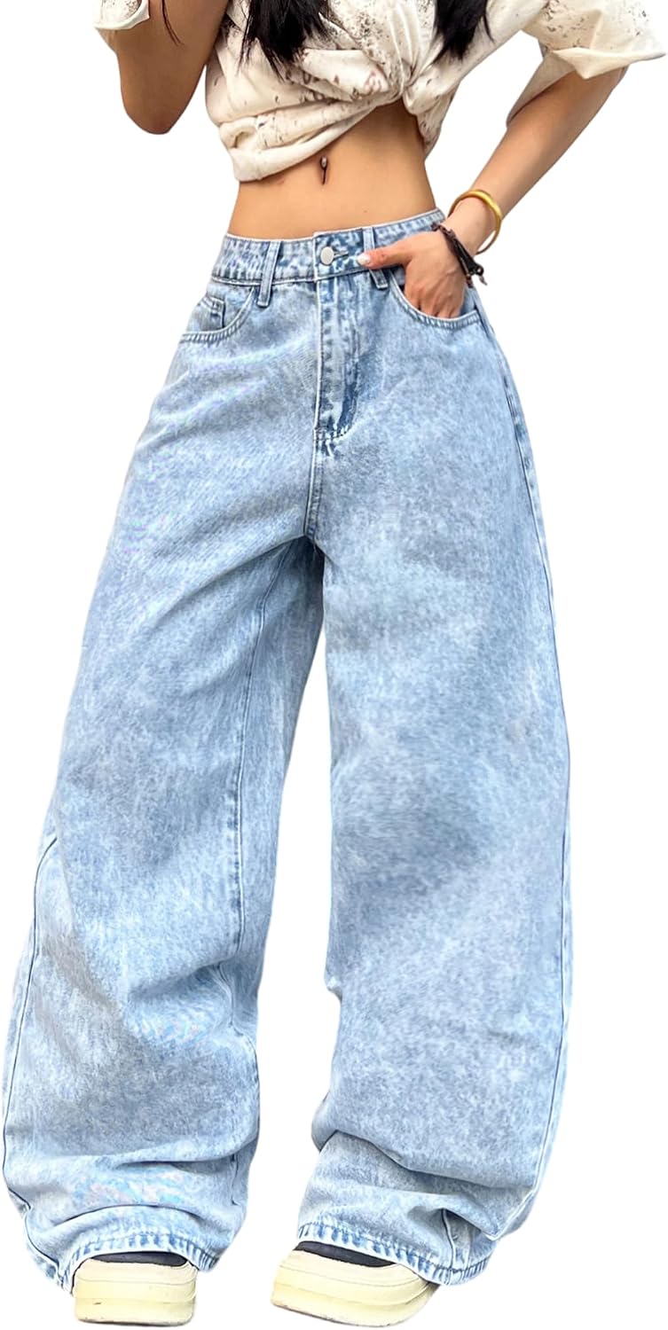 Women’s Baggy Jeans Wide Leg Denim Pants Mid Waist Hip Hop Trousers Y2K Streetwear Clothing
