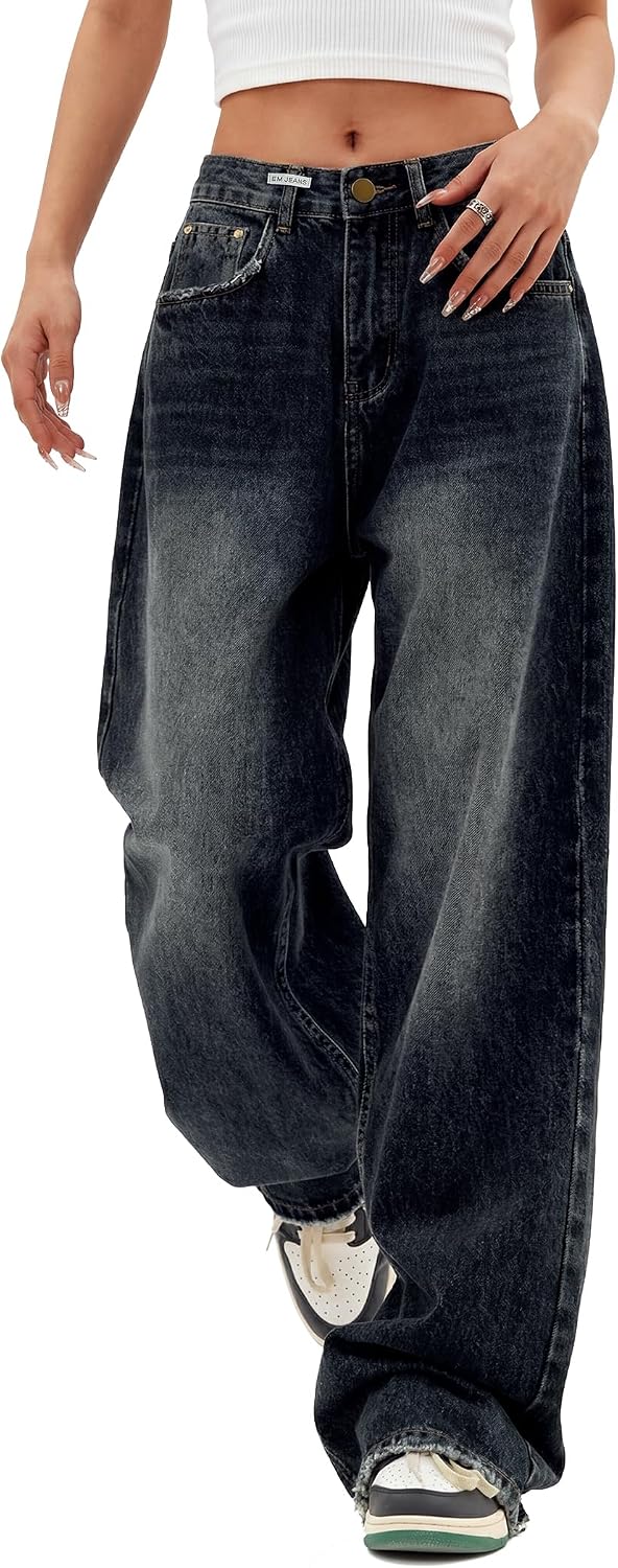 EMMIOL Women Baggy Jeans High Waist Boyfriend Streetwear Vintage Jeans Wide Leg Denim Pants
