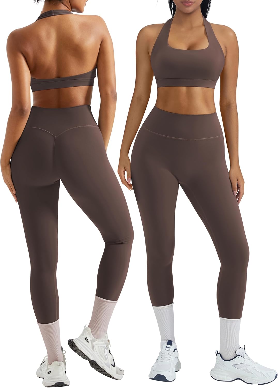 OMKAGI 2 Piece Workout Sets for Women Halter Sports Bras Gym Sets Booty Leggings Outfits
