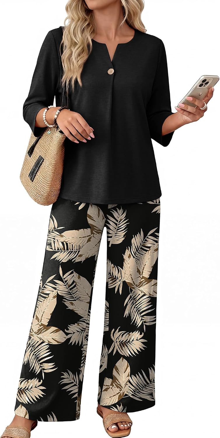 WIHOLL Two Piece Sets for Women 3/4 Length Sleeve Lounge Sets Summer Spring Vacation Travel Outfits Fashion Clothing