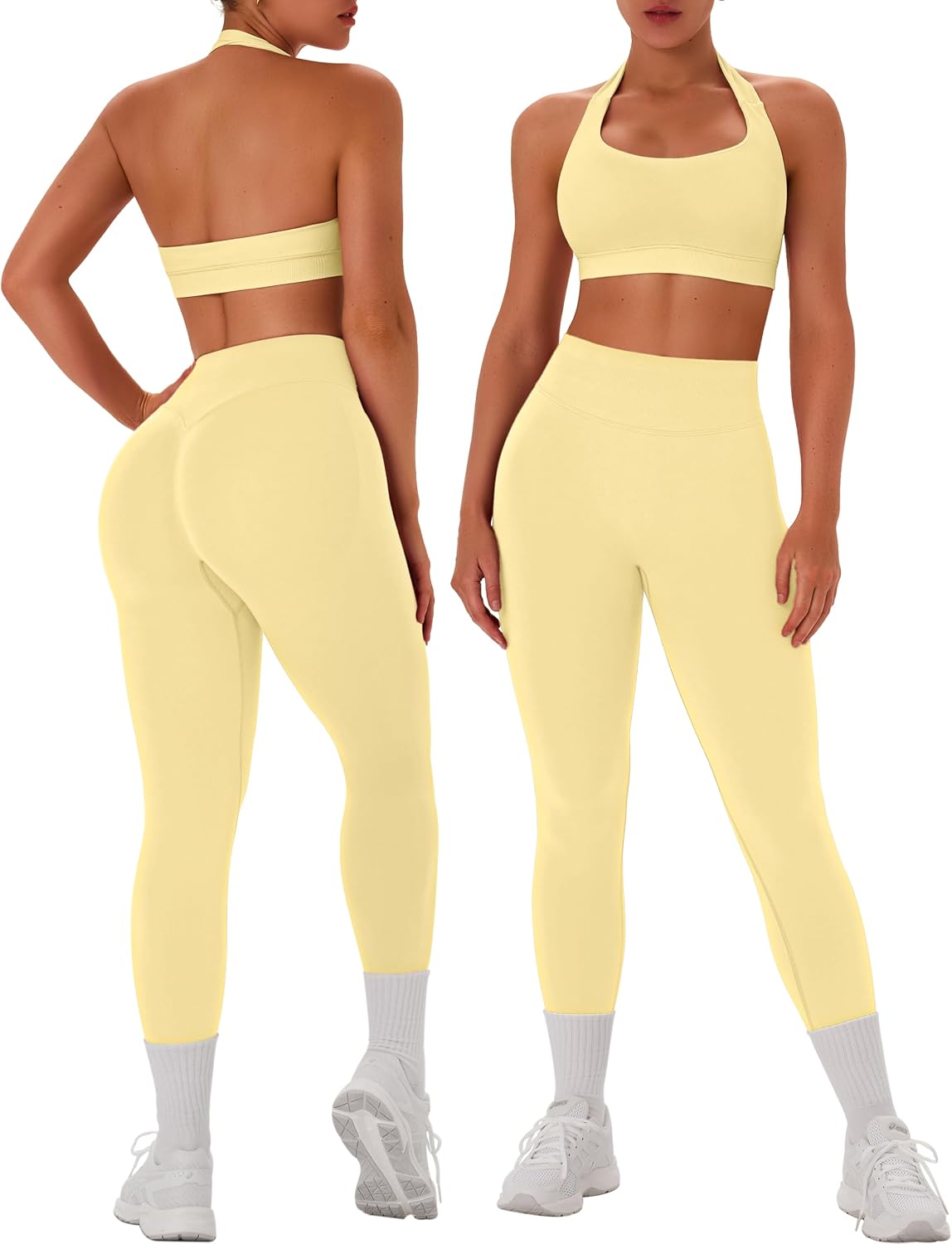 TDIFFUN Women Workout Sets 2 Piece Seamless Scrunch Butt Leggings Padded Halter Sports Bra Matching Set Gym Yoga Outfits
