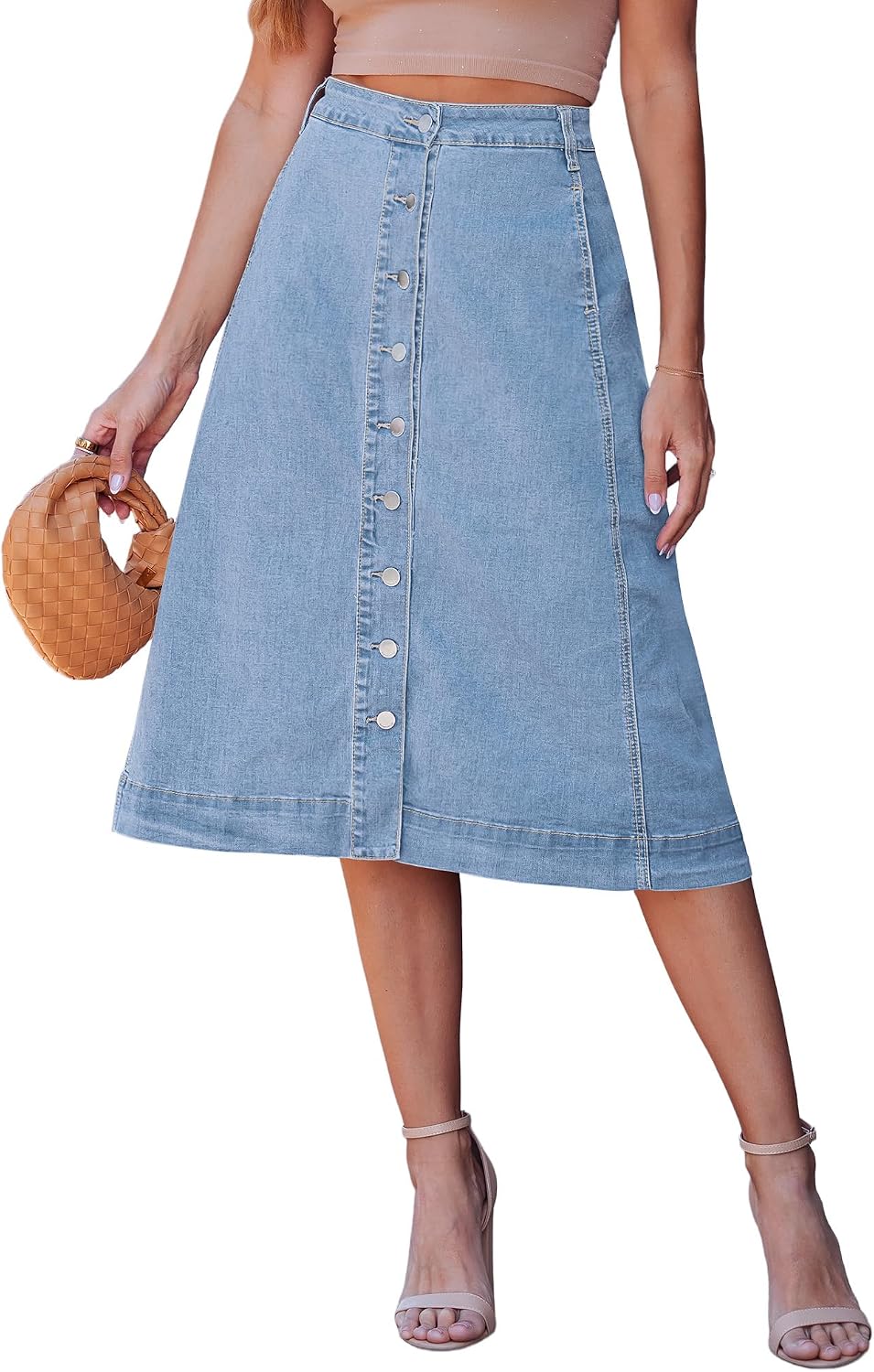 luvamia Jean Skirts for Women Trendy Midi Length A Line Western Casual Button Down Stretchy Denim Skirt with Pockets