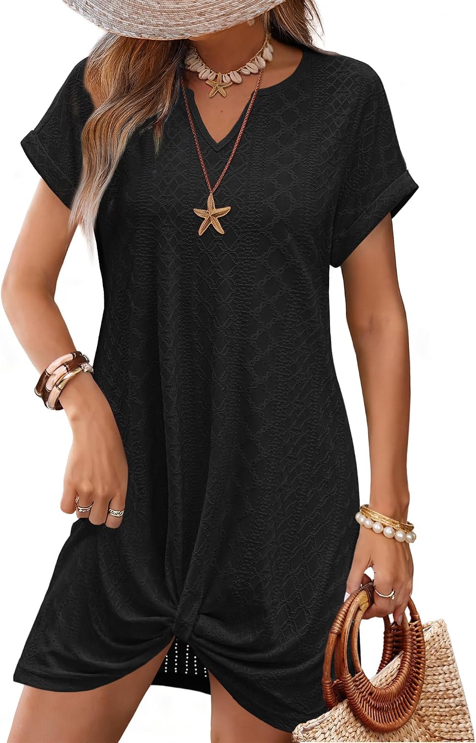 RUMIA Swimsuit Cover Up Eyelet Short Sleeve Summer Dresses for Women Twisted Beach Vacation Clothes