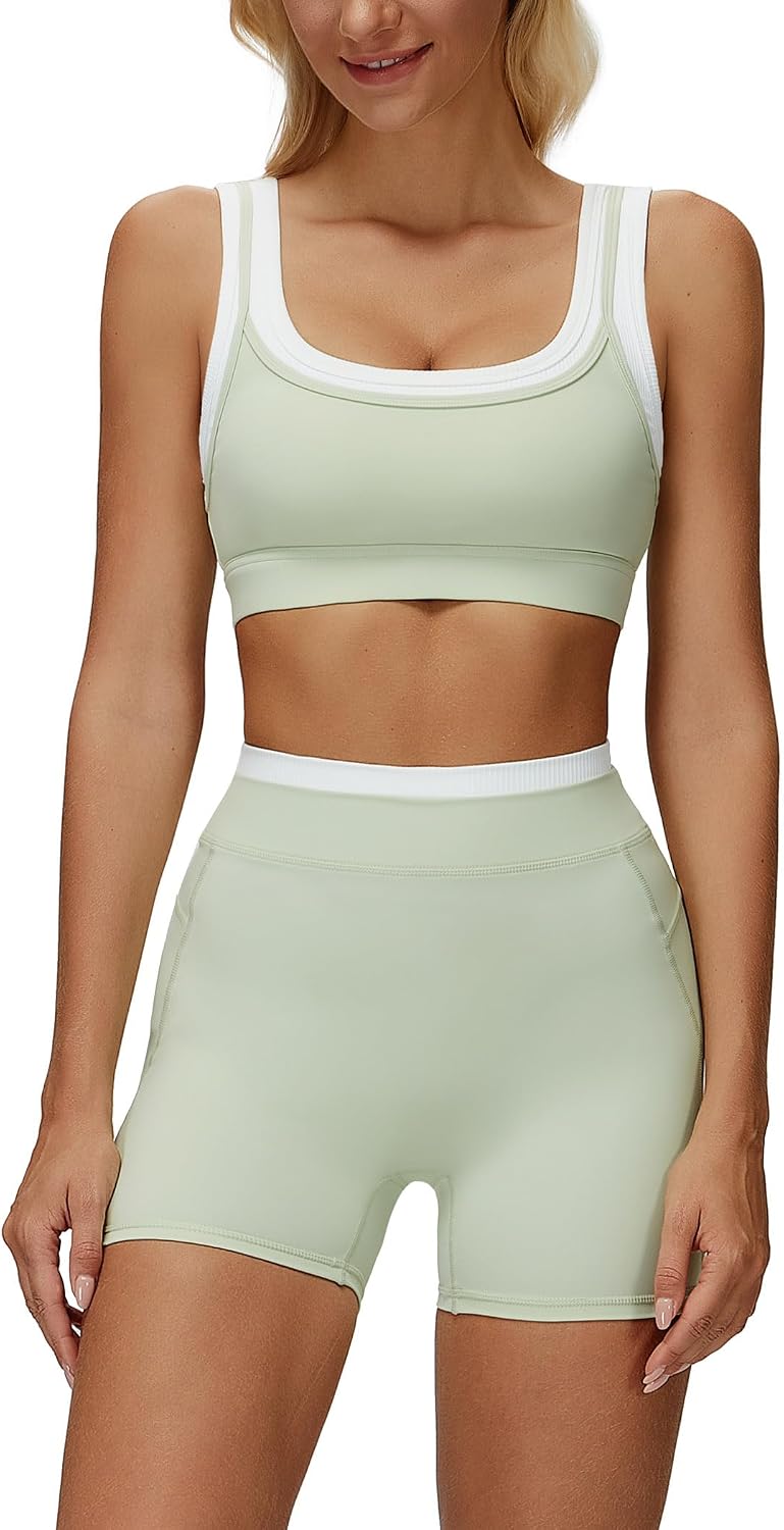 AGYMNX Women’s Yoga Outfits Compression Ribbed Contrast Panel Sports Bra and Butt-lifting Shorts 2 Piece Jogger Running Sets