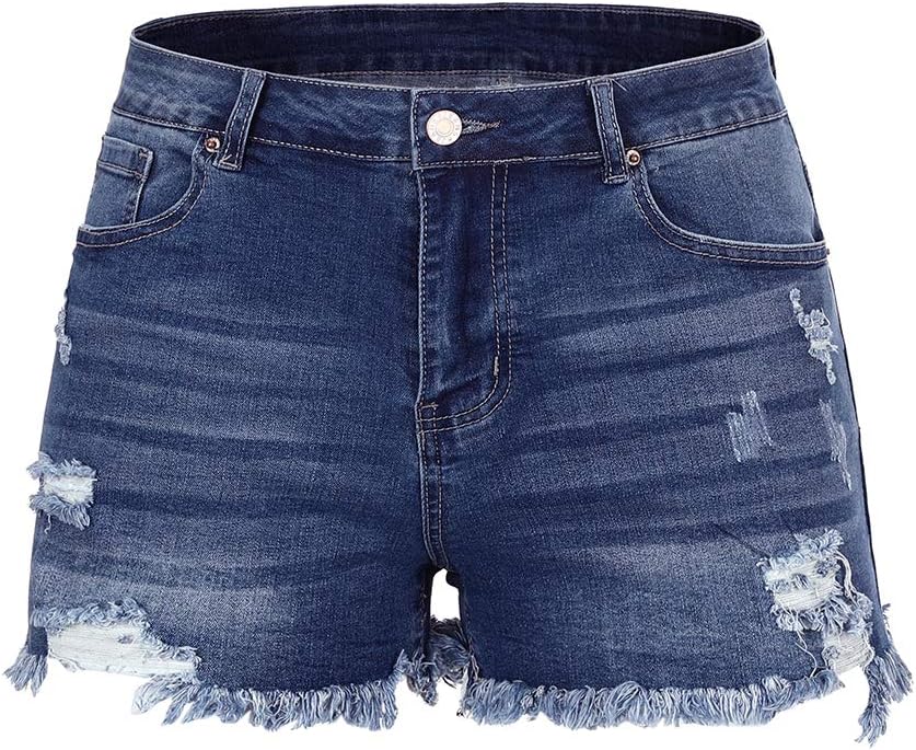 THUNDER STAR Women Mid Rise Ripped Stretchy Jeans Shorts Frayed Raw Hem Casual Denim Shorts