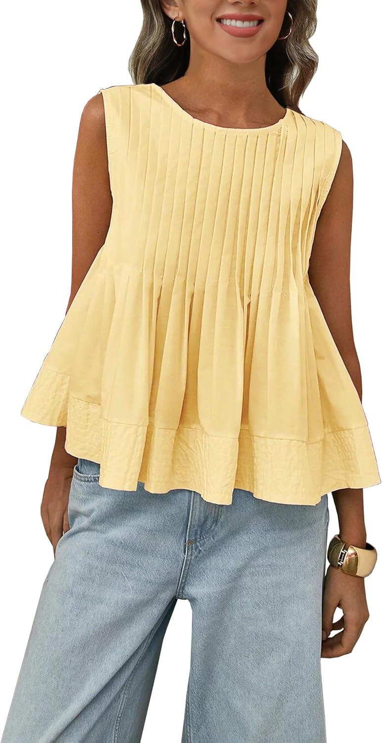 Megfie Womens Summer Pleated Peplum Sleeveless Blouse Tank Tops Round Neck Y2K Babydoll Blouse Shirt
