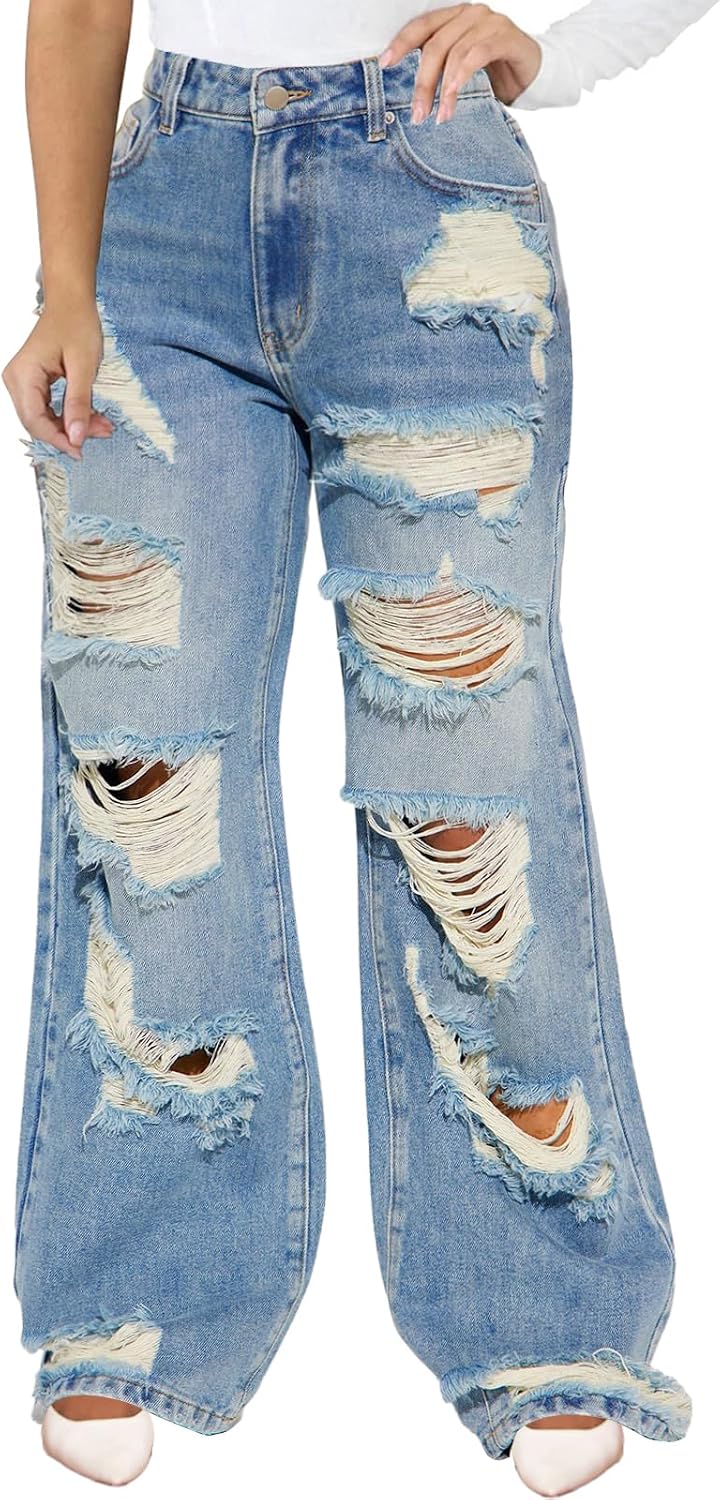 IbuduSexy Women’s High Waisted Baggy Wide Leg Distressed Ripped Jeans