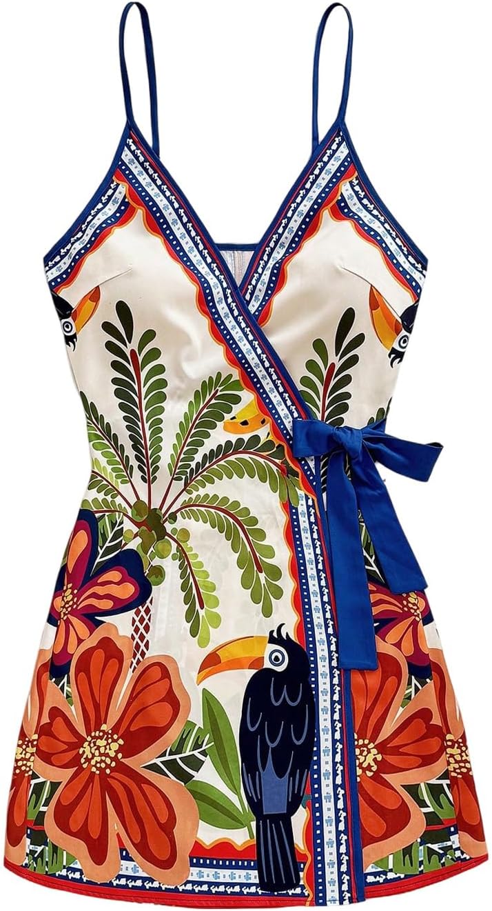 SOLY HUX Women’s Tropical Print Mini Dress Summer Wrap V Neck Bow Tie Vacation Dresses