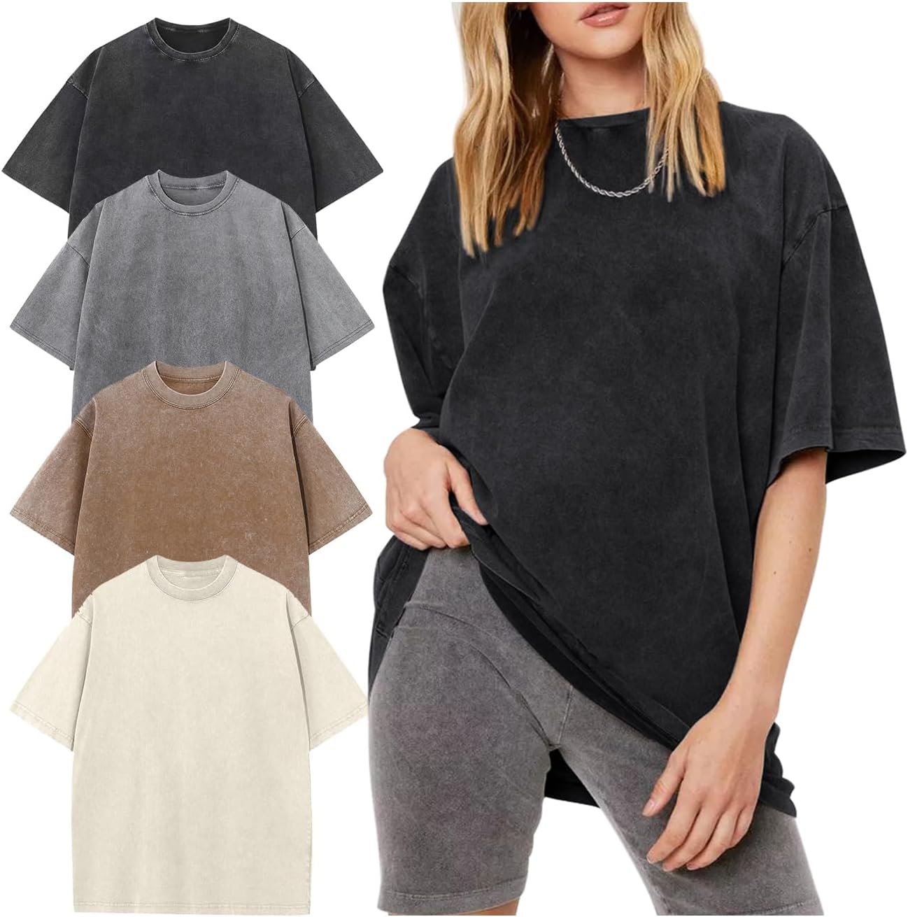 Yimoon 4 Pack Women’s Oversized T-Shirts Acid Wash Boyfriend Cotton Tee Shirt Loose Fit Vintage Unisex Streetwear Tops