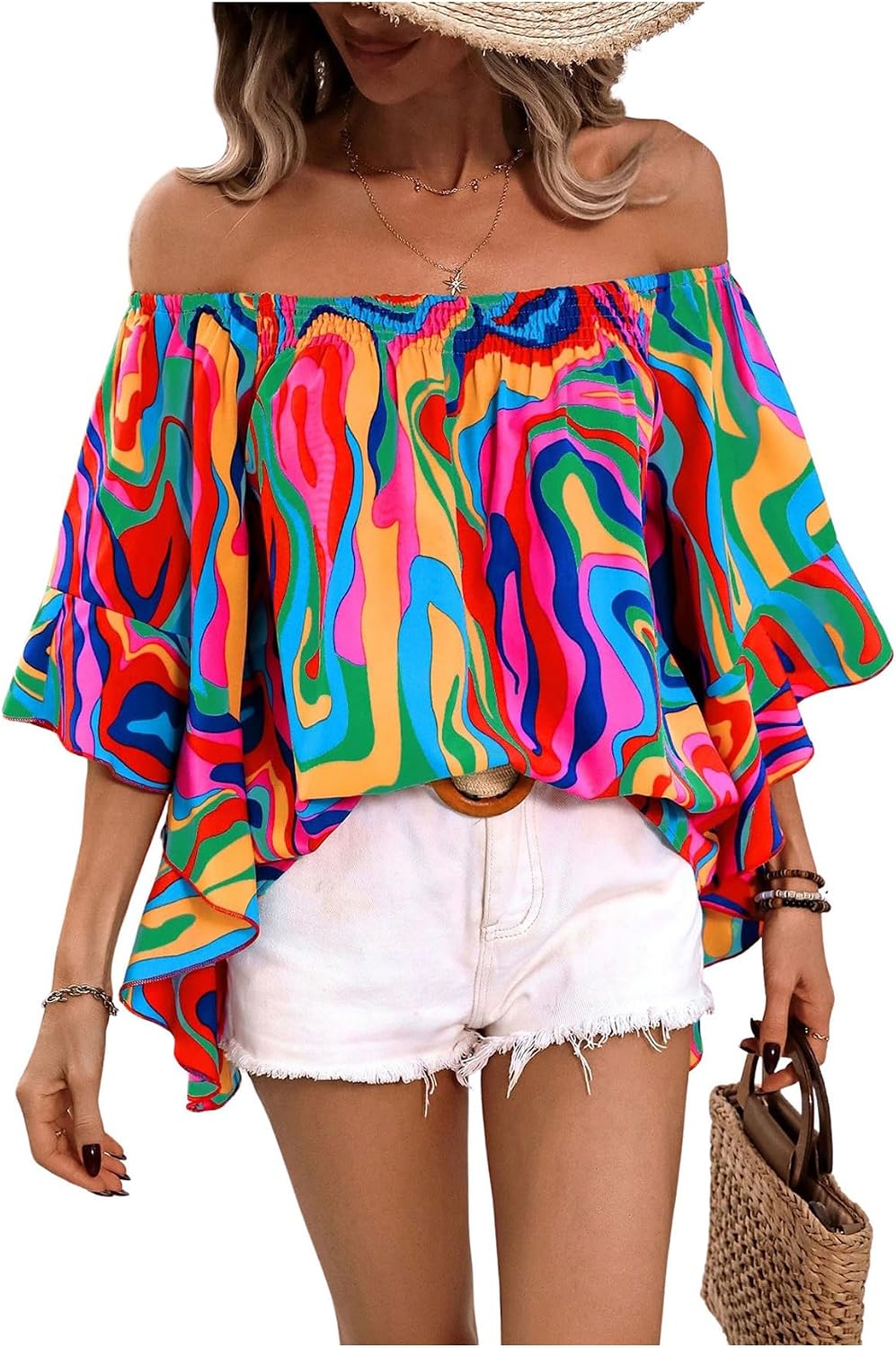 GORGLITTER Women’s Off The Shoulder Tops Boho Asymmetrical 3/4 Sleeve Ruffle Colorful Blouses Shirt Tops Dressy Casual