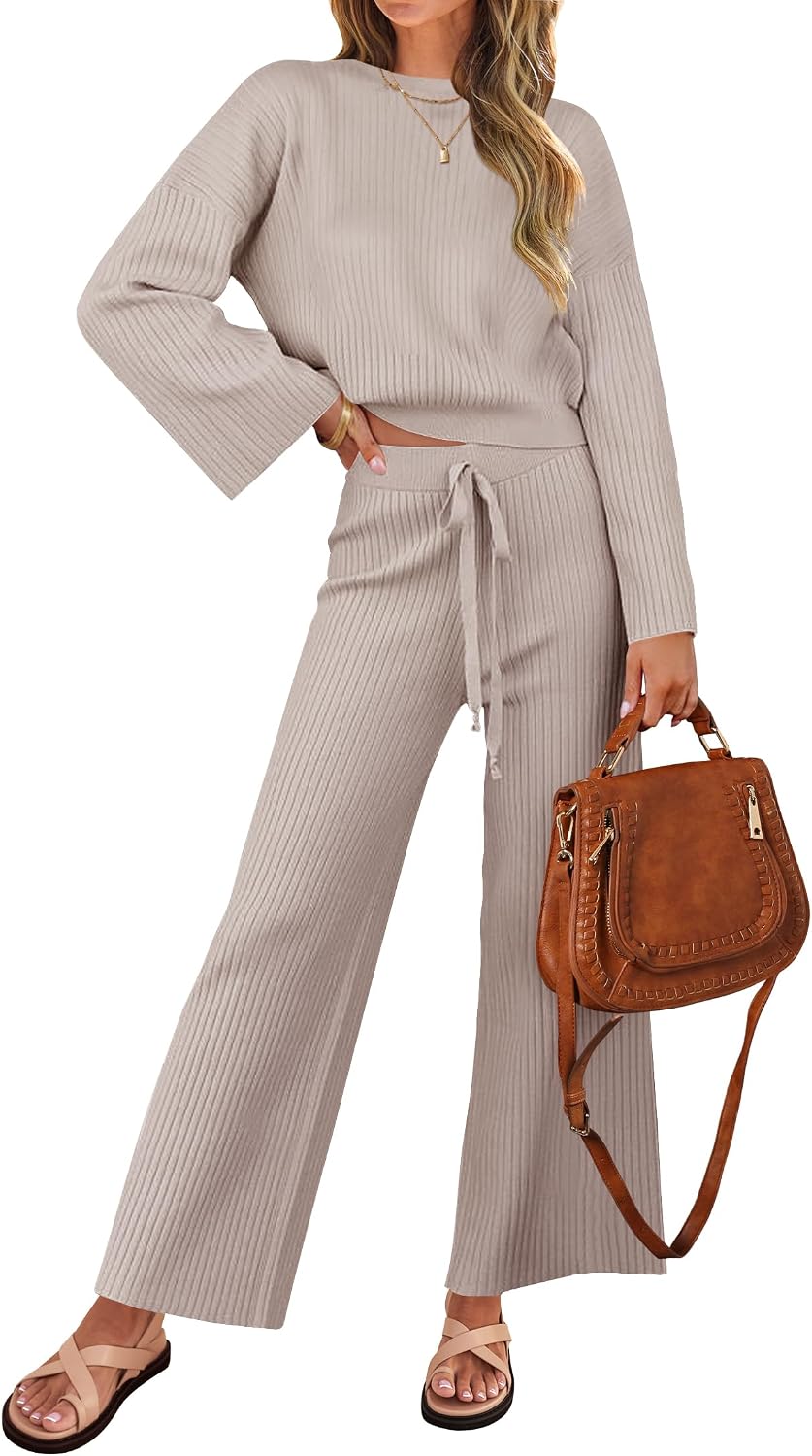 ZESICA Women’s 2 Piece Outfits Set 2026 Casual Long Sleeve Knit Pullover Top and Wide Leg Pants Sweatsuit Lounge Sets