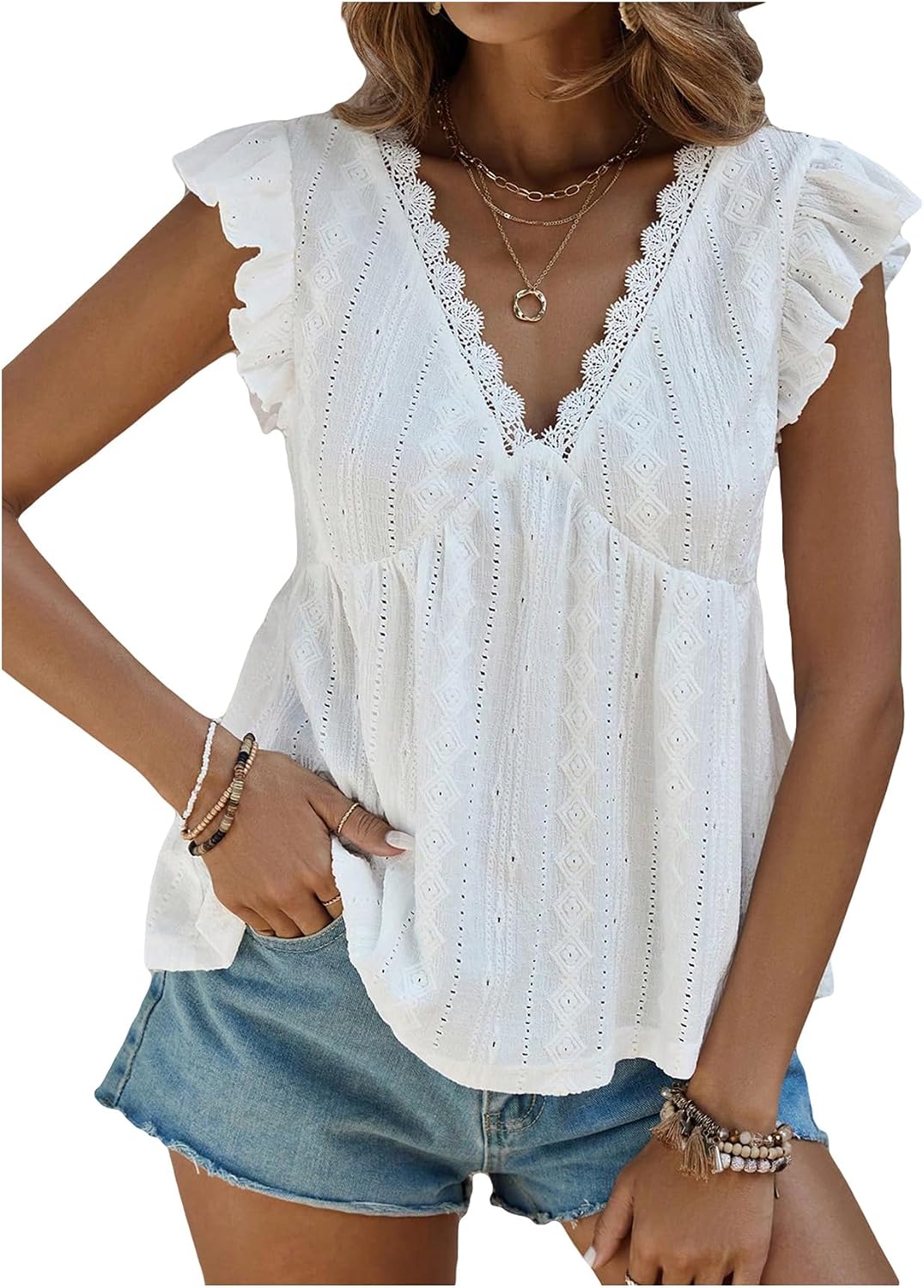 SweatyRocks Women’s Lace Trimmed V Neck Ruffled Sleeve Flared Eyelet Tank Blouse Top