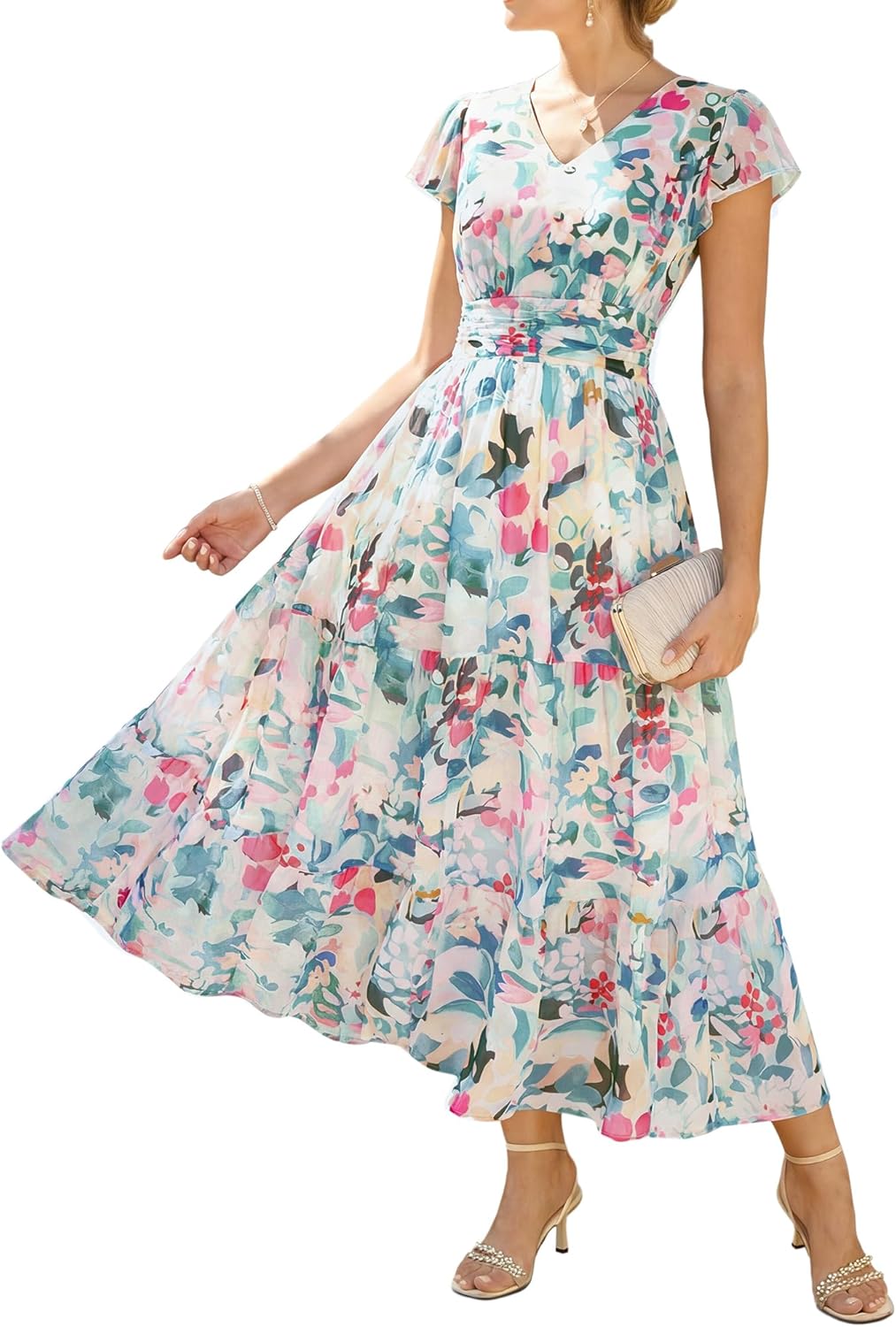 GRACE KARIN 2026 Women Summer Dress,Maxi Short Sleeve Floral Dresses,Semi Formal Flowy Wedding Guest Dress with Pocket