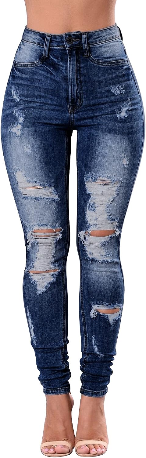 Women’s High Waisted Distressed Stretch Ripped Butt Lift Denim Pants