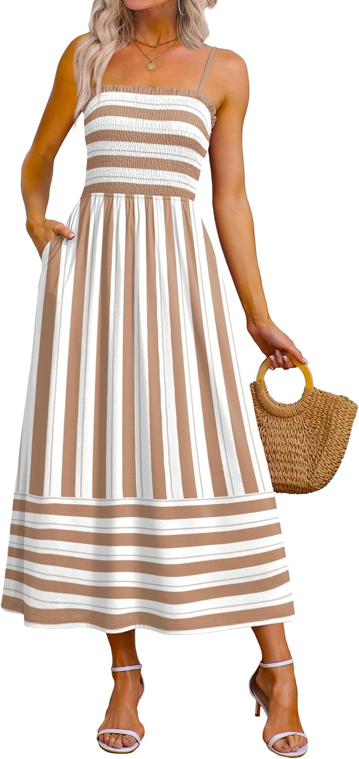 OFEEFAN Womens Spaghetti Strap Maxi Dresses Smocked with Pockets 2026 Summer Spring Casual Boho Beach Long Sundresses