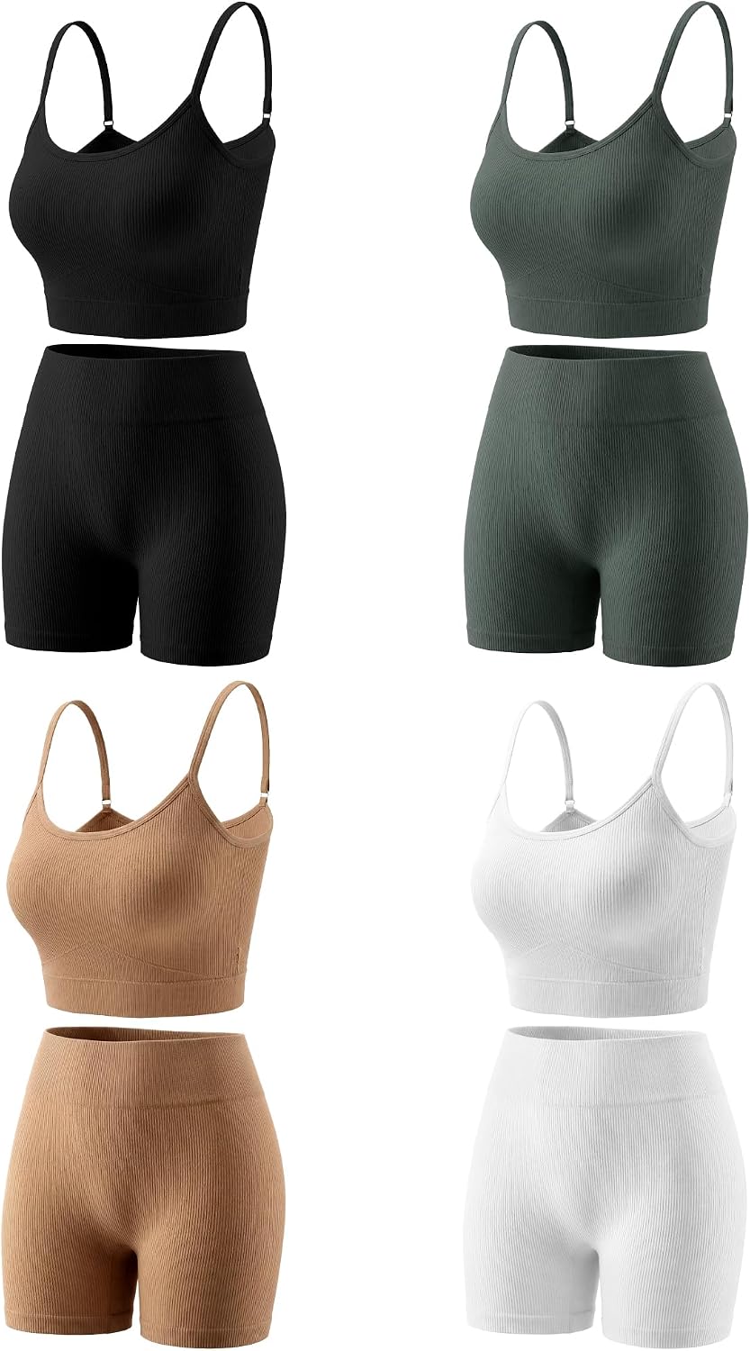Bencailor 4 Pack Women Ribbed Workout Sets 2 Piece Athletic Yoga Outfit Sport Padded Crop Bra High Waisted Elastic Gym Shorts