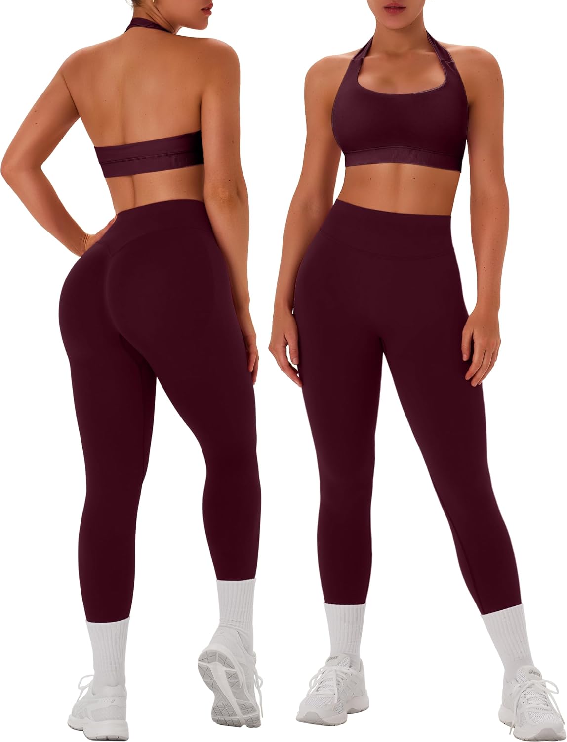 TDIFFUN Women Workout Sets 2 Piece Seamless Scrunch Butt Leggings Padded Halter Sports Bra Matching Set Gym Yoga Outfits
