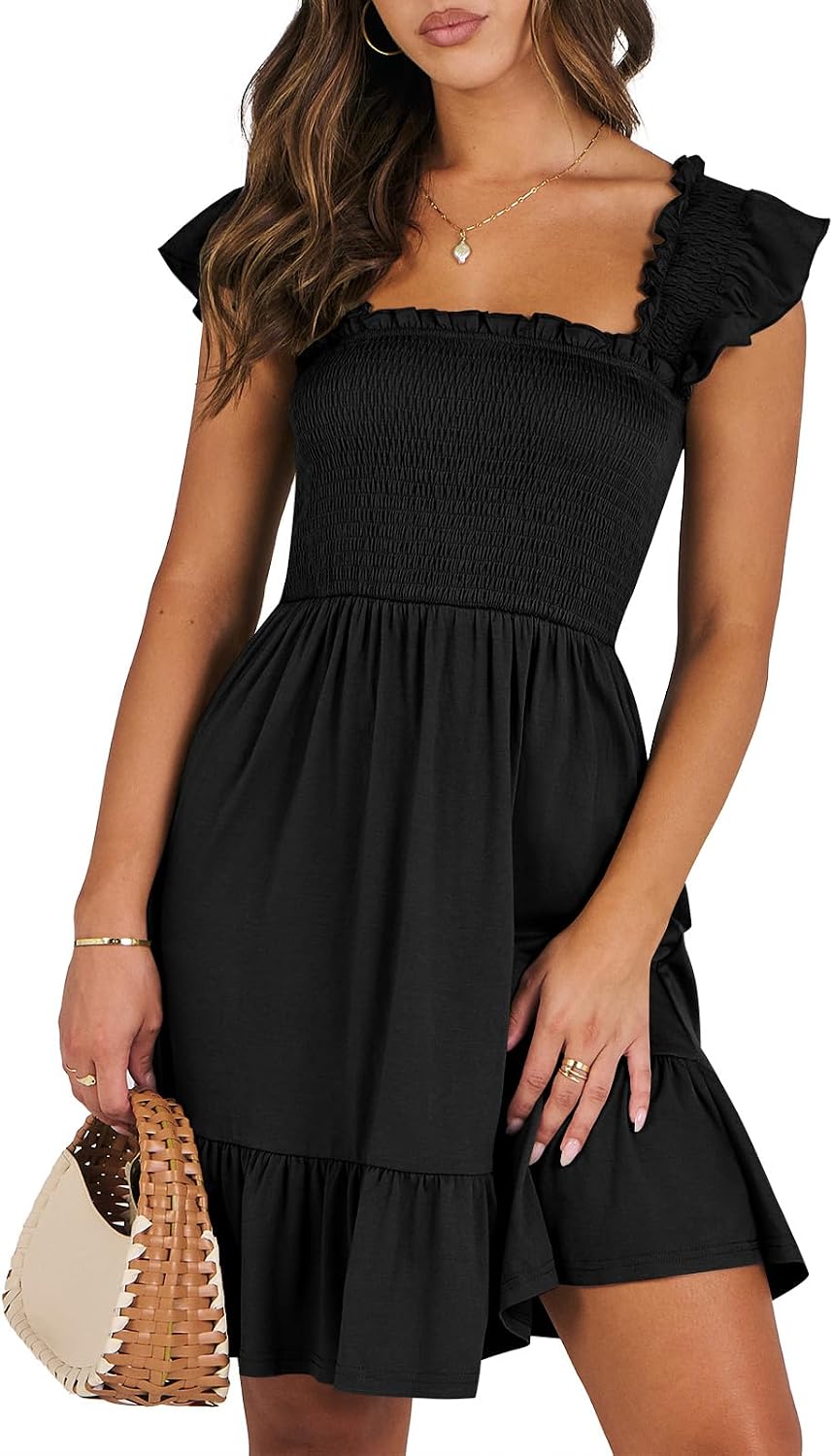 ANRABESS Women’s Summer Casual Sleeveless Square Neck Dress 2026 Smocked Ruffle Backless Boho Beach Cute Teen Short Sundress
