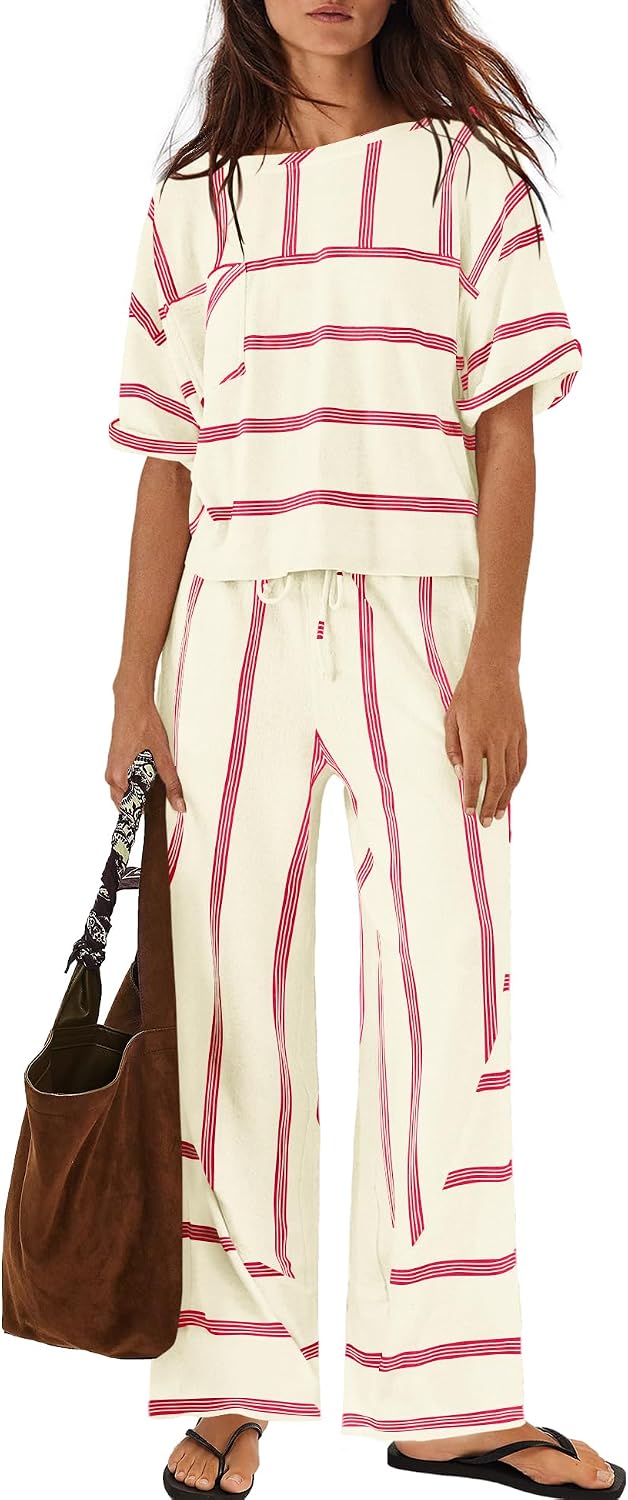 Nirovien Womens Striped Lounge Set 2 Piece Vacation Sets Short Sleeve Tops and Wide Leg Pants Travel Sets with Pockets