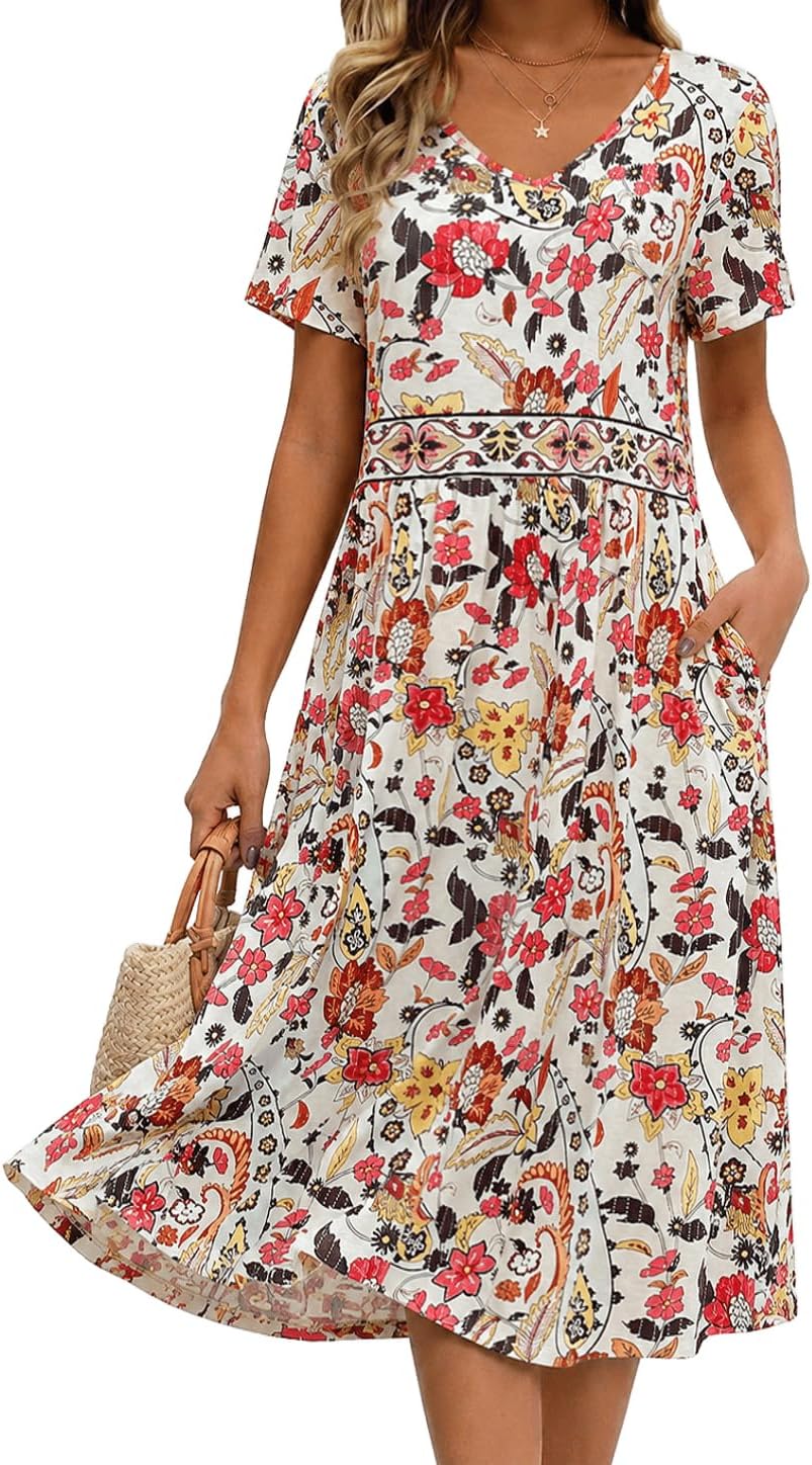 Women’s Plus Size Midi Dress with Pockets, Casual Short Sleeve Boho Sundress, Loose Fit Geometric Stripe & Floral Tunic Dress