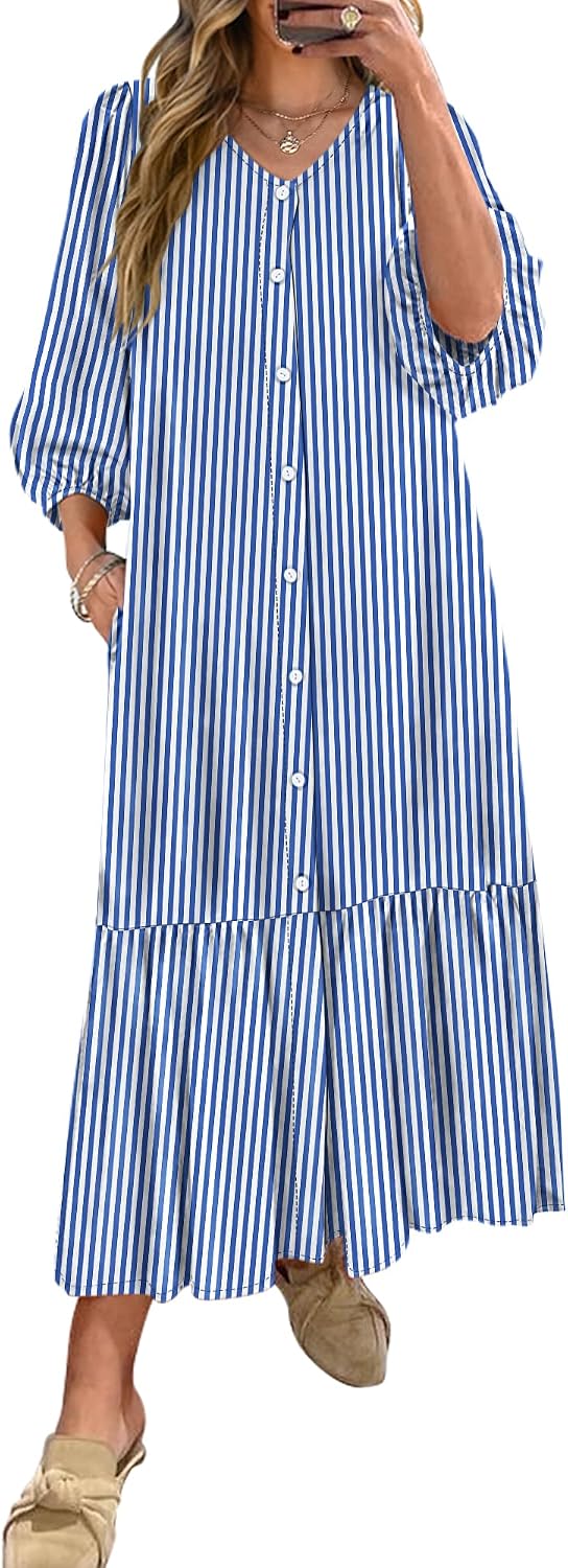 ANRABESS Boho Maxi Dresses for Women Summer Puff Sleeve V Neck Flowy Long Casual Dress with Pockets 2026 Vacation Clothes