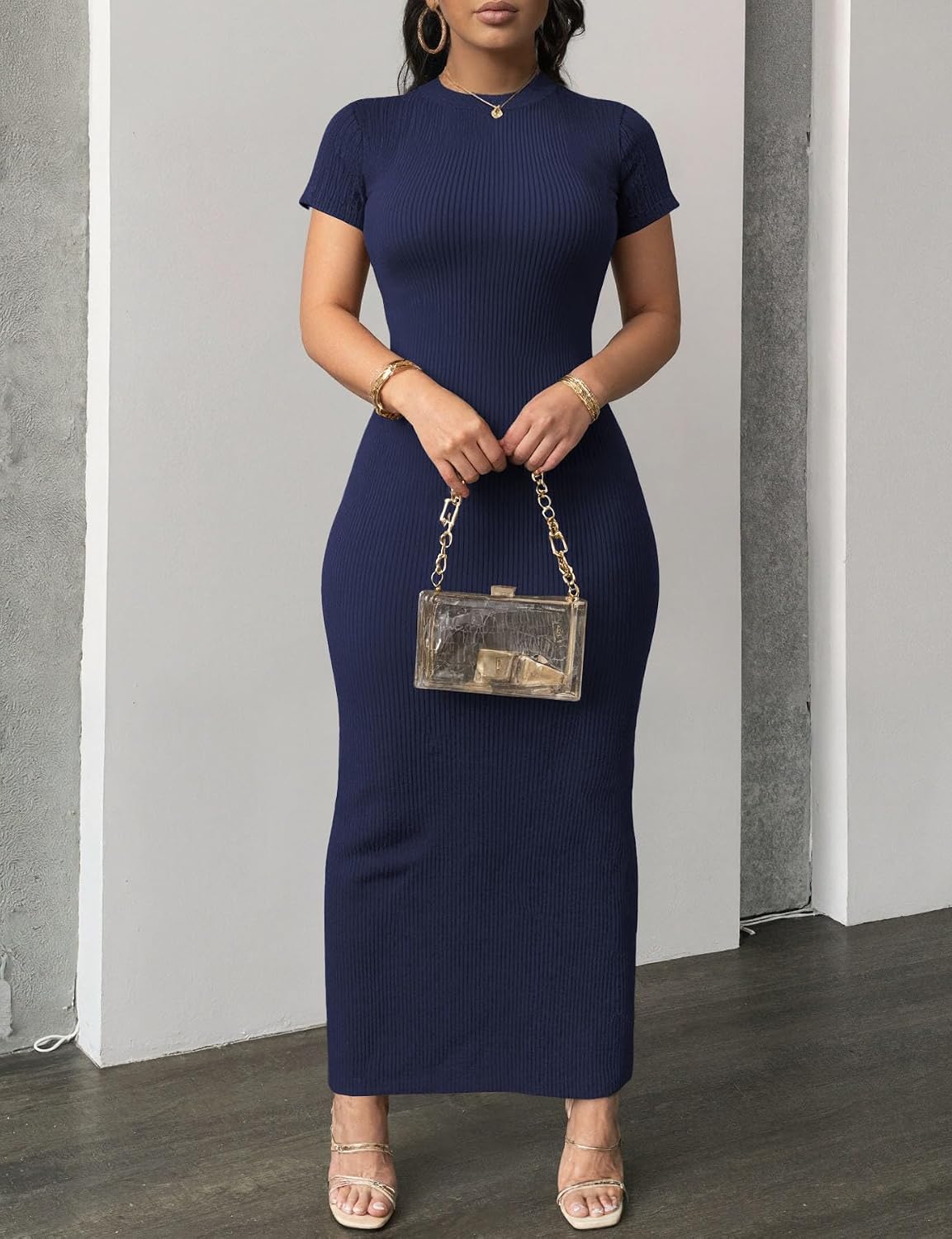 Nimsruc Women Summer Short Sleeve Bodycon Maxi Dress Crew Neck Long Dresses Casual Sundress