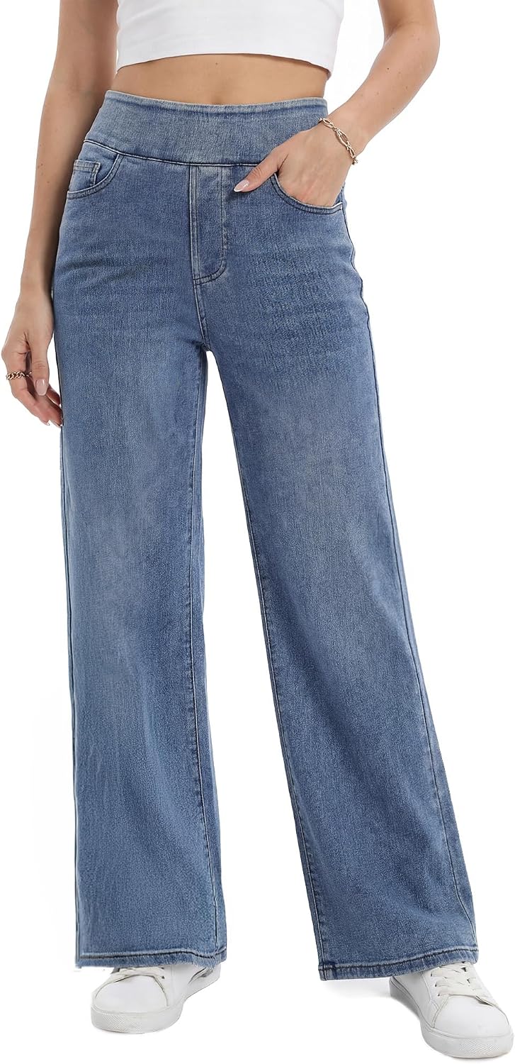 Wide Leg Pull On Jeans Womens High Rise Stretchy Jeans Denim Pants with Elastic Waist Tummy Control