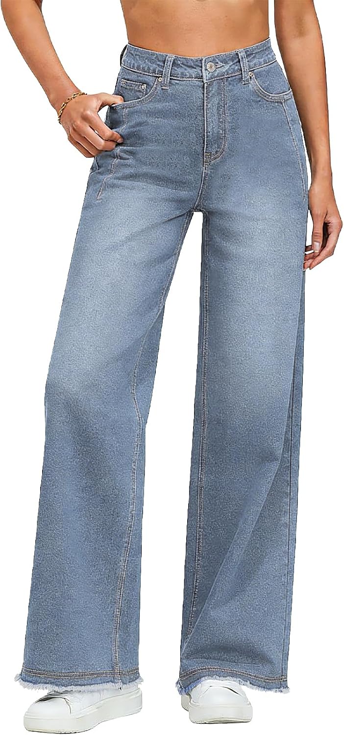 Metietila Womens Baggy Jeans High Waisted 90s Wide Leg Distressed Denim Pants with Raw Hem for Casual Comfort