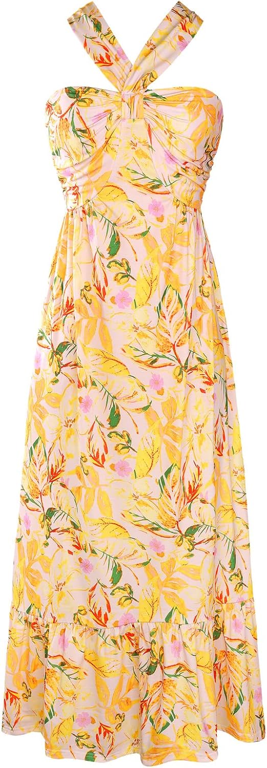 GRACE KARIN Womens Summer Floral Dresses 2026 Boho Maxi Dress Flowy Halter Sundress Casual Vacation Beach Clothes with Pocket