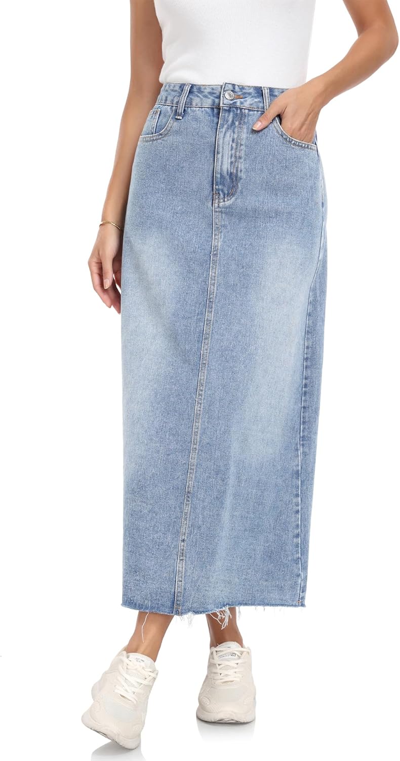 MISS MOLY Women’s Jean Skirt Stretch High Waisted Frayed Raw Hem A Line Denim Midi Skirt with Pockets