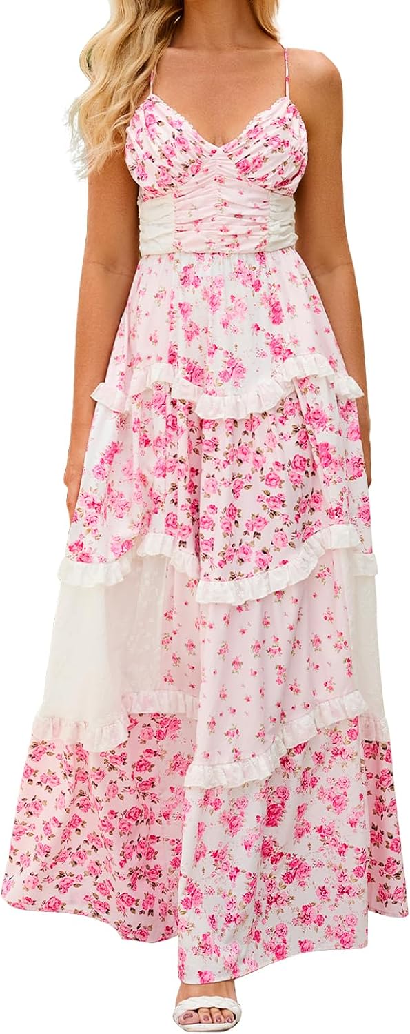 ABYOVRT Women Floral Maxi Dress Spaghetti Straps V Neck Patchwork Flowy Boho Sundress Tiered Long Dresses